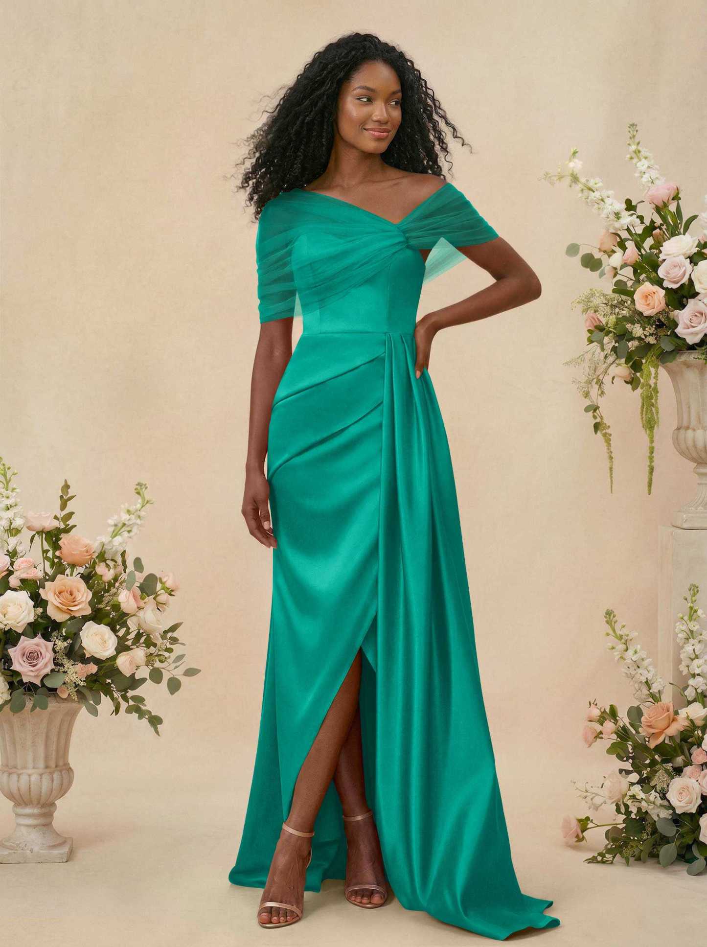 Trumpet/Mermaid Off-The-Shoulder Satin/Tulle Bridesmaid Dresses With Split Front, product image 166