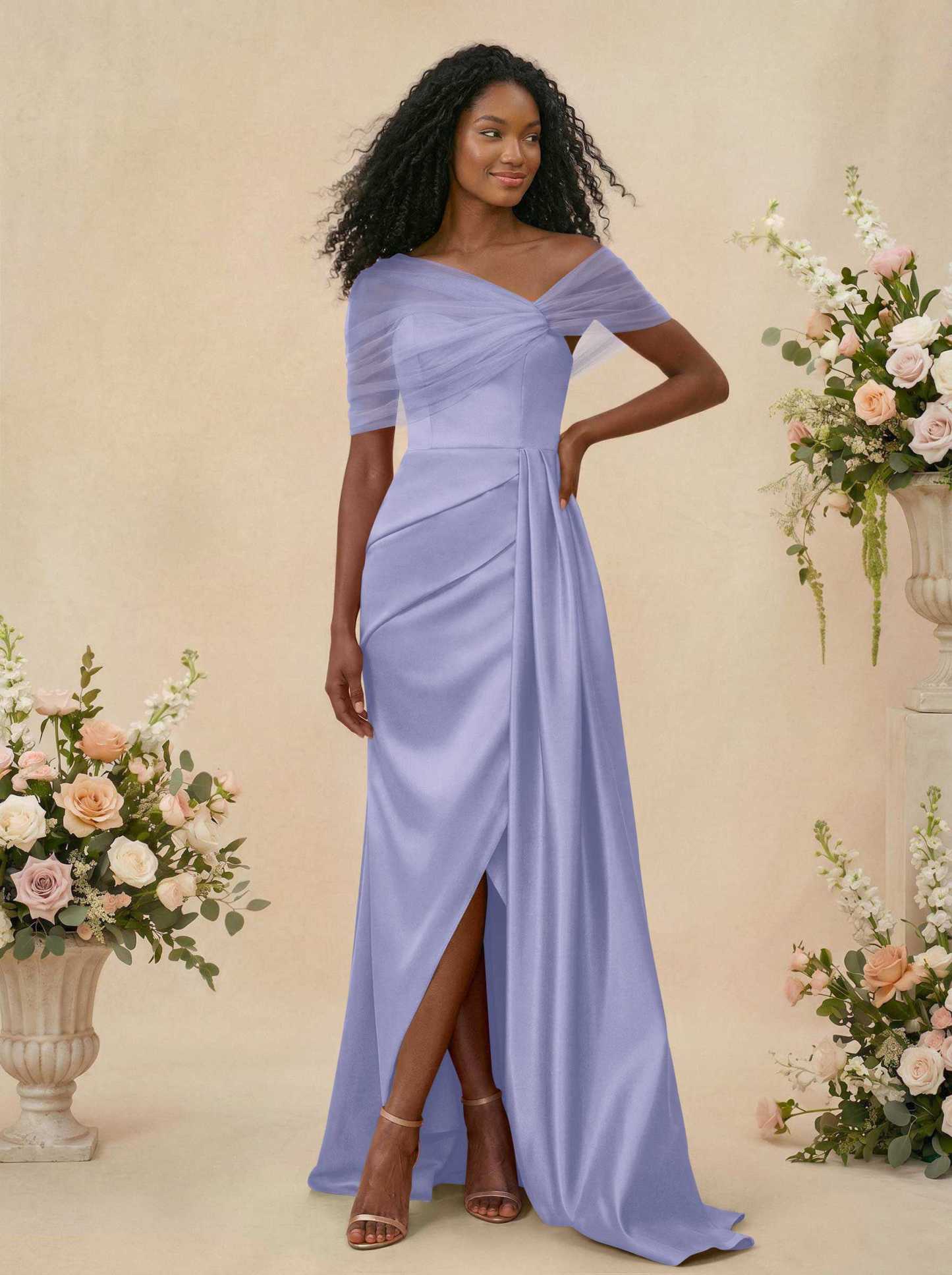 Trumpet/Mermaid Off-The-Shoulder Satin/Tulle Bridesmaid Dresses With Split Front, product image 130