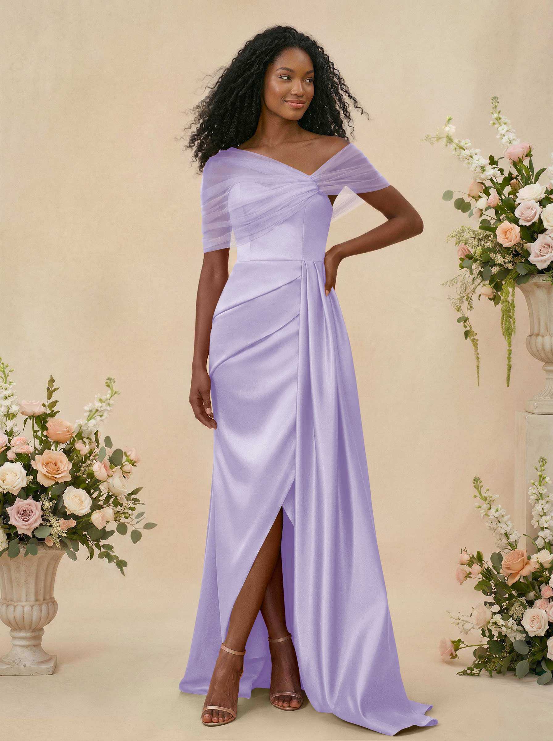 Trumpet/Mermaid Off-The-Shoulder Satin/Tulle Bridesmaid Dresses With Split Front, product image 126