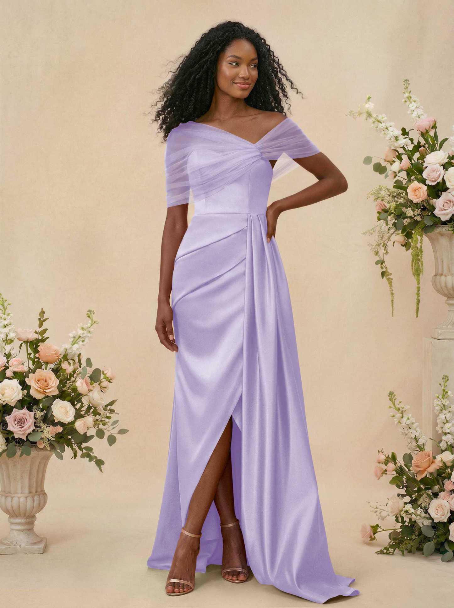 Trumpet/Mermaid Off-The-Shoulder Satin/Tulle Bridesmaid Dresses With Split Front, product image 126