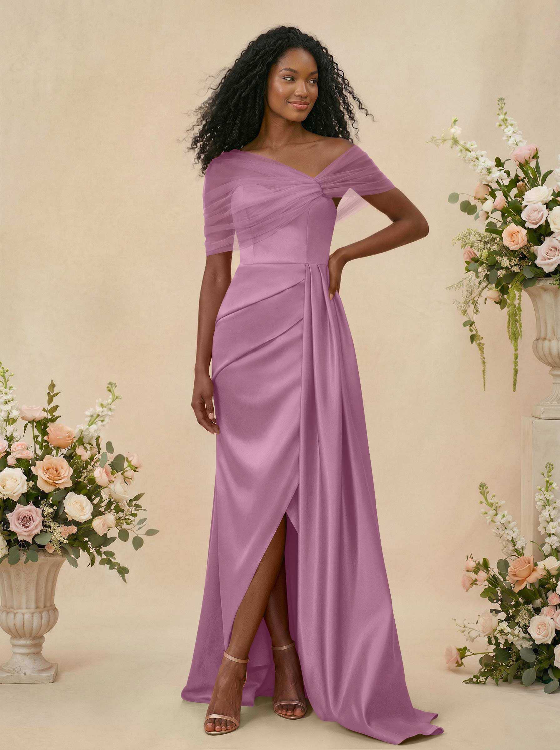 Trumpet/Mermaid Off-The-Shoulder Satin/Tulle Bridesmaid Dresses With Split Front, product image 122