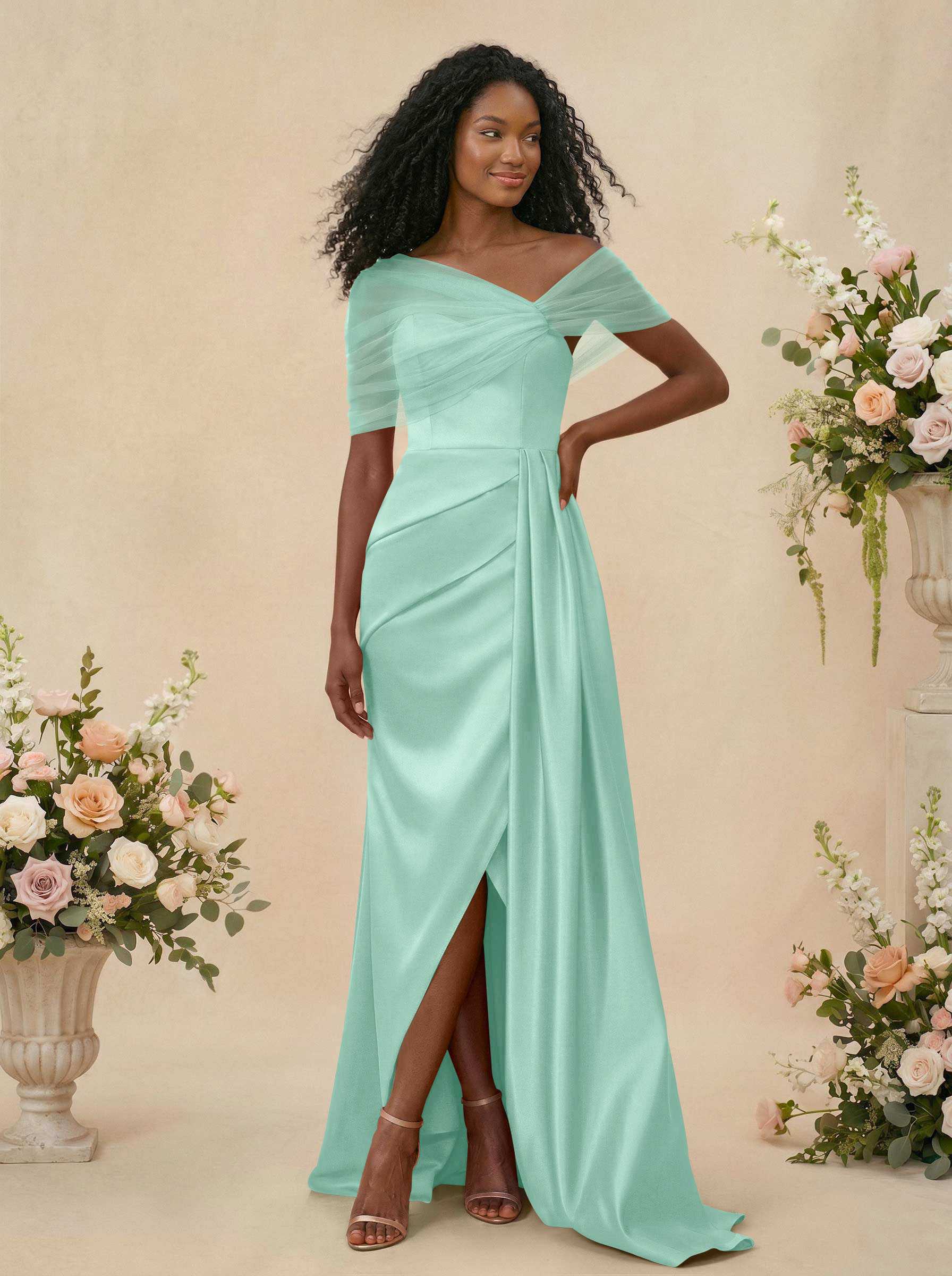 Trumpet/Mermaid Off-The-Shoulder Satin/Tulle Bridesmaid Dresses With Split Front, product image 178