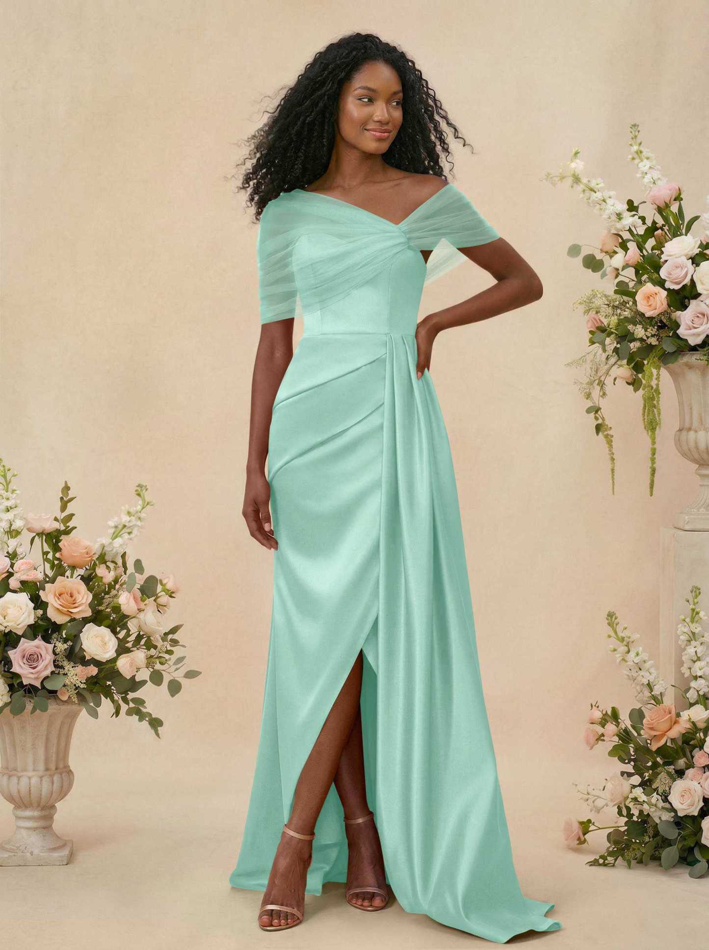 Trumpet/Mermaid Off-The-Shoulder Satin/Tulle Bridesmaid Dresses With Split Front, product image 178