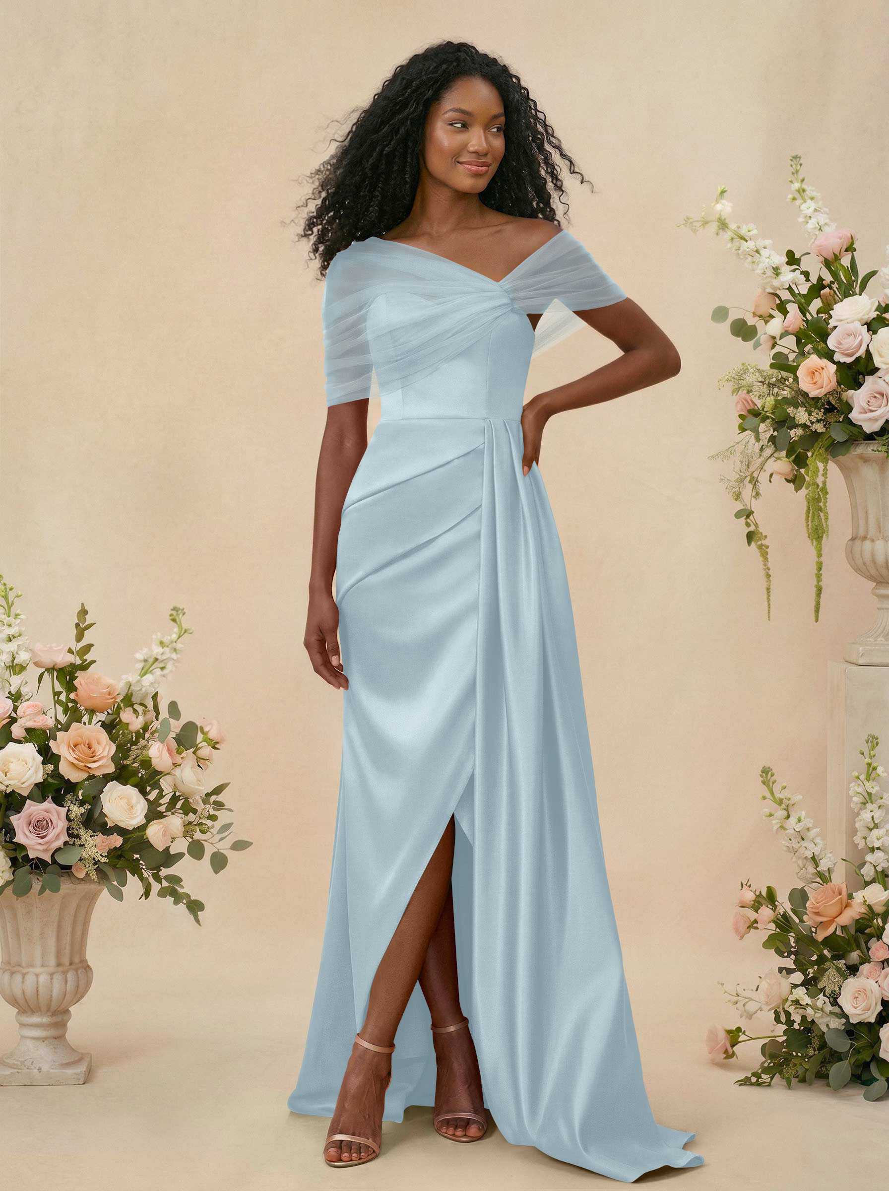 Trumpet/Mermaid Off-The-Shoulder Satin/Tulle Bridesmaid Dresses With Split Front, product image 50