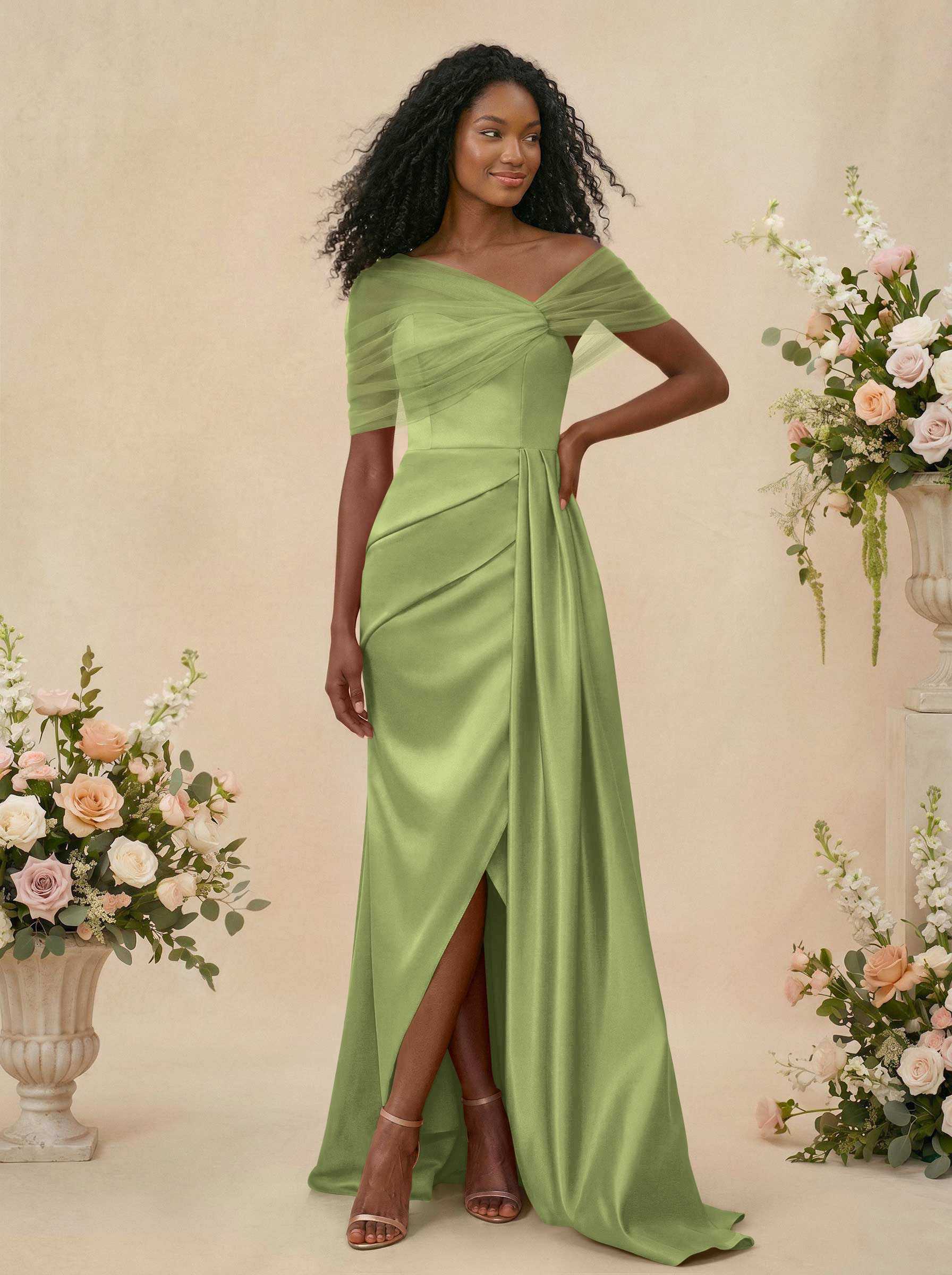 Trumpet/Mermaid Off-The-Shoulder Satin/Tulle Bridesmaid Dresses With Split Front, product image 262