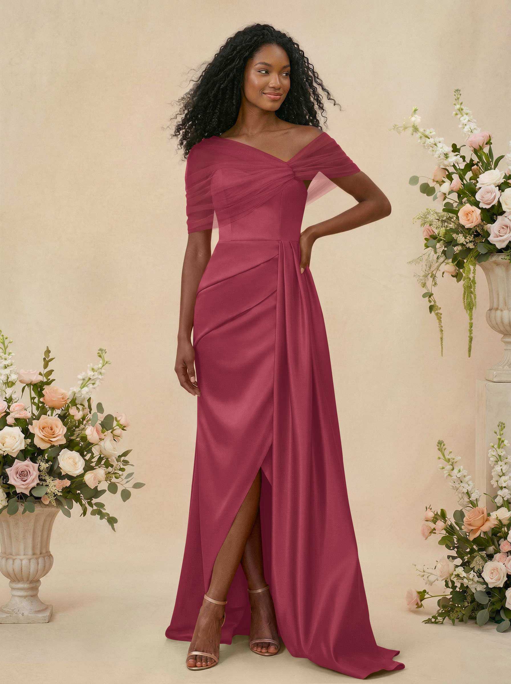 Trumpet/Mermaid Off-The-Shoulder Satin/Tulle Bridesmaid Dresses With Split Front, product image 66