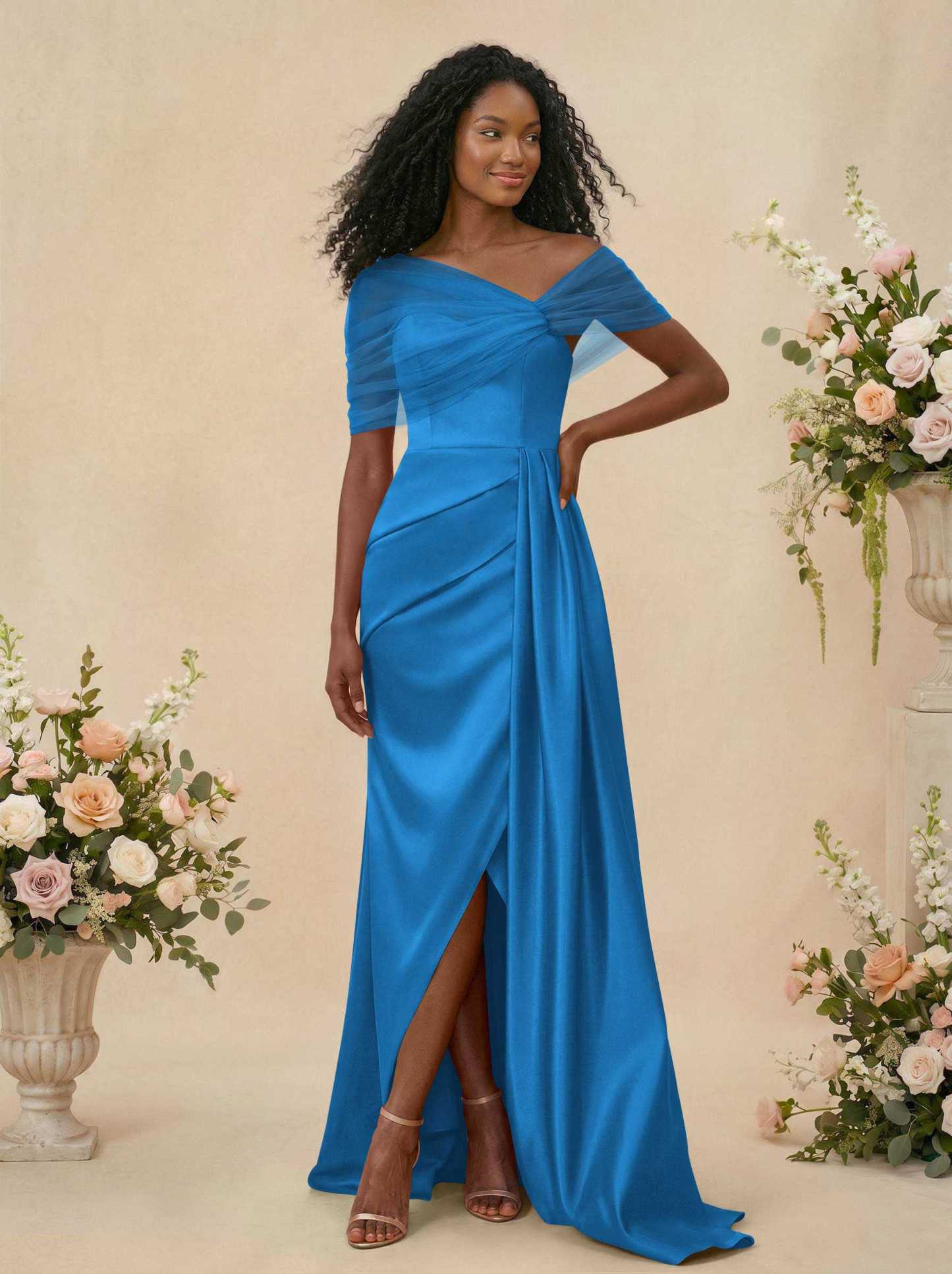 Trumpet/Mermaid Off-The-Shoulder Satin/Tulle Bridesmaid Dresses With Split Front, product image 34