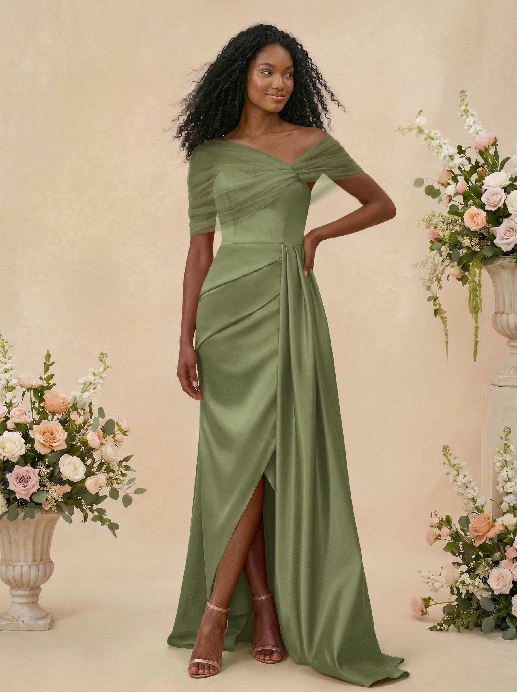 Trumpet/Mermaid Off-The-Shoulder Satin/Tulle Bridesmaid Dresses With Split Front, product image 238