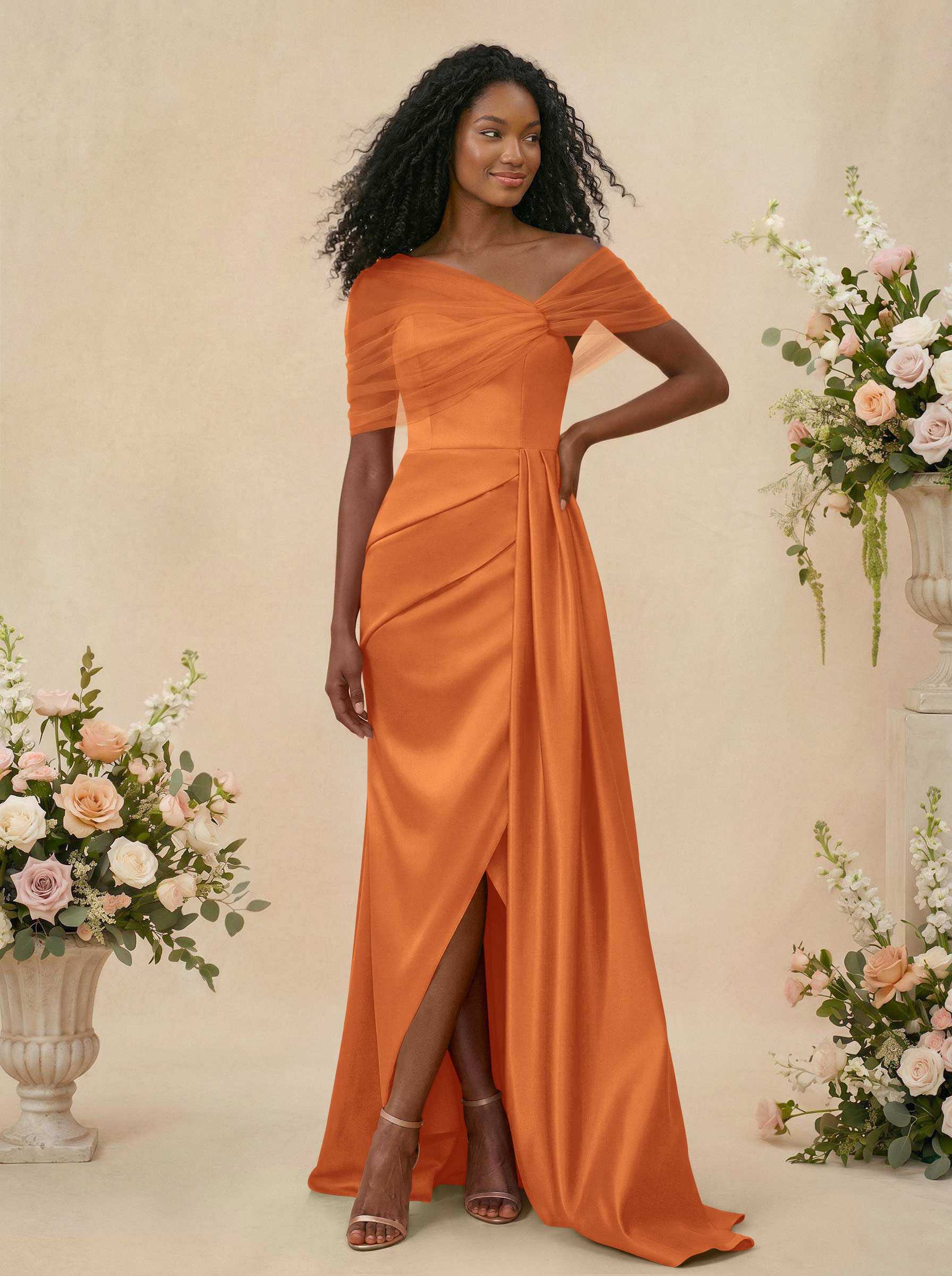 Trumpet/Mermaid Off-The-Shoulder Satin/Tulle Bridesmaid Dresses With Split Front, product image 202