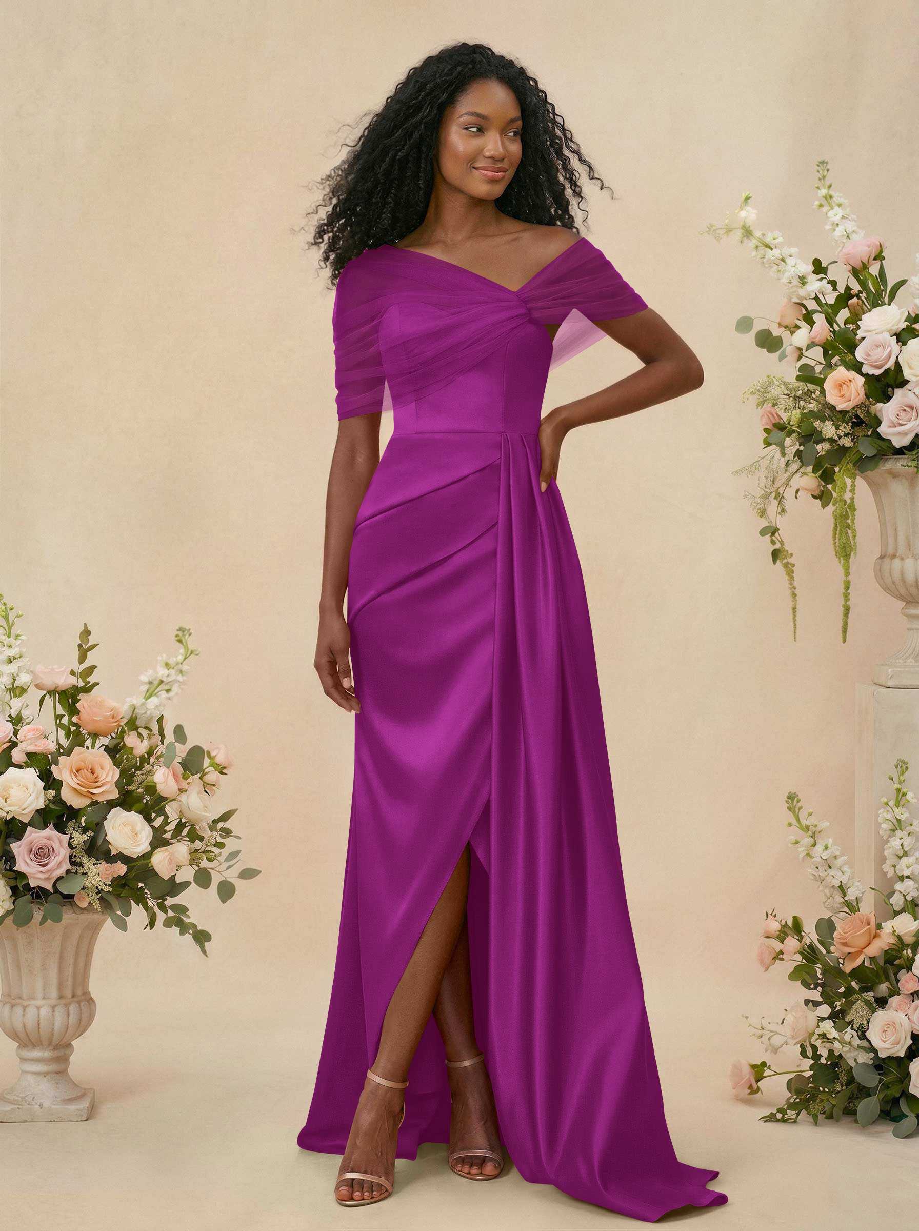 Trumpet/Mermaid Off-The-Shoulder Satin/Tulle Bridesmaid Dresses With Split Front, product image 142