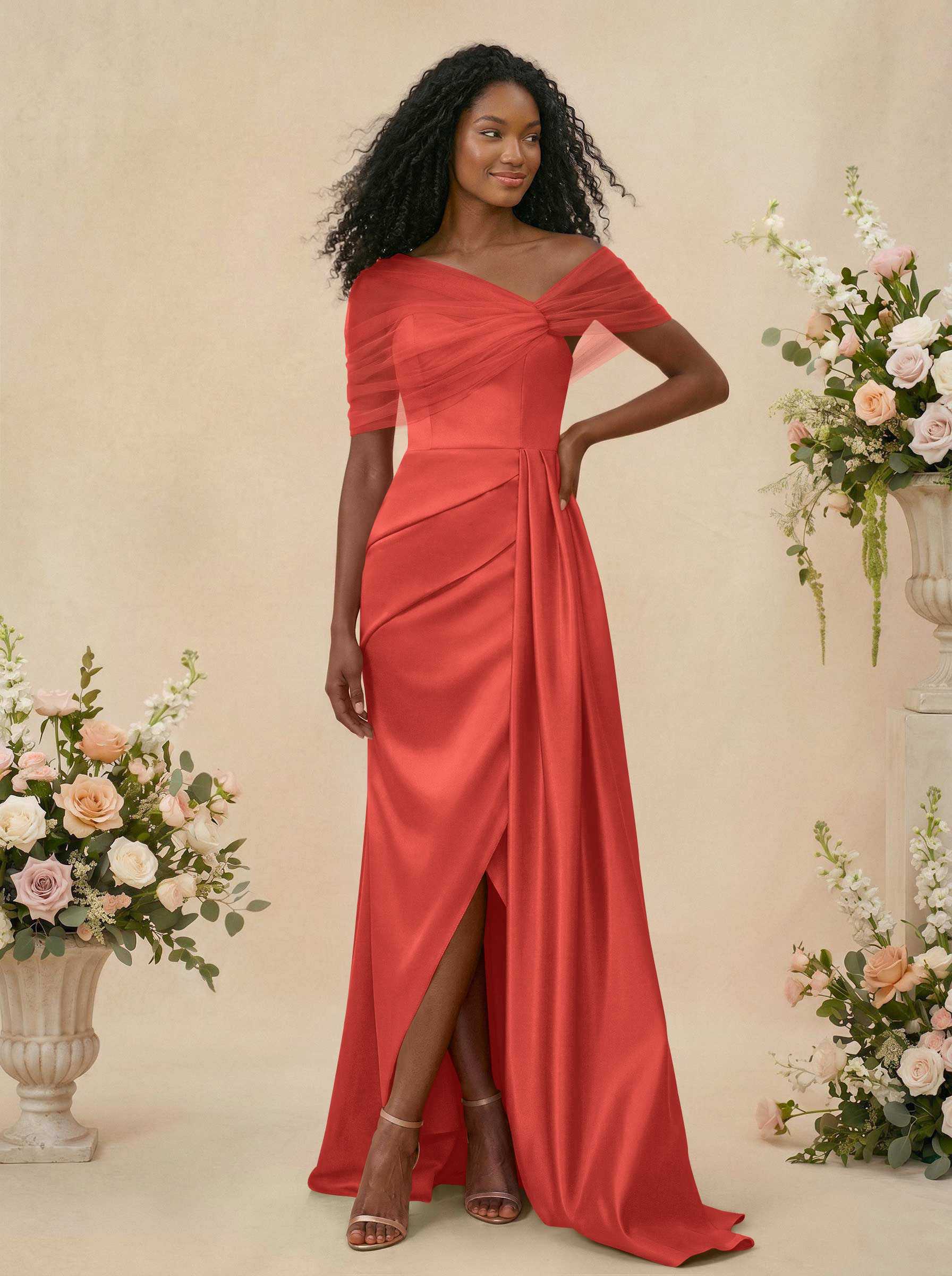 Trumpet/Mermaid Off-The-Shoulder Satin/Tulle Bridesmaid Dresses With Split Front, product image 2