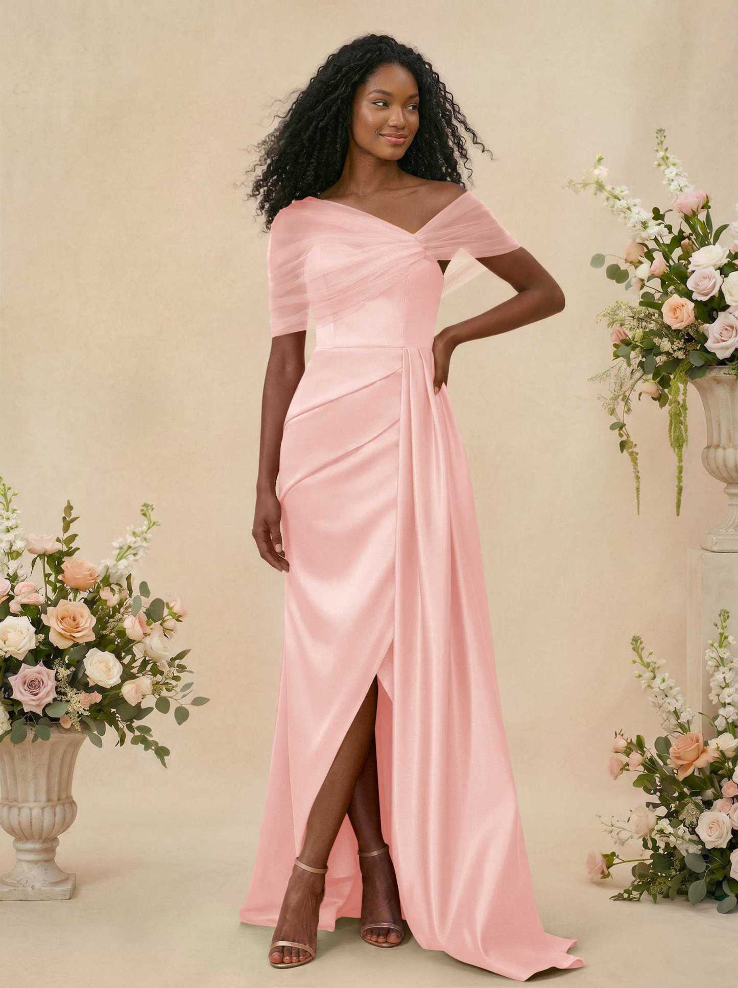 Trumpet/Mermaid Off-The-Shoulder Satin/Tulle Bridesmaid Dresses With Split Front, product image 86