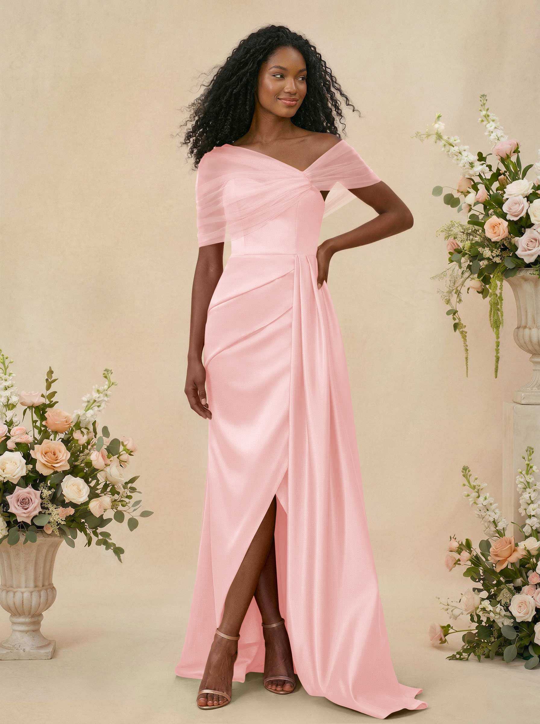 Trumpet/Mermaid Off-The-Shoulder Satin/Tulle Bridesmaid Dresses With Split Front, product image 94