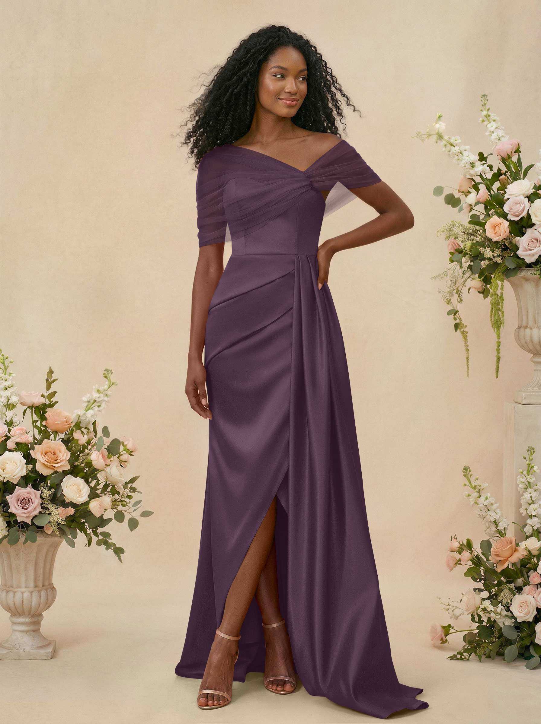 Trumpet/Mermaid Off-The-Shoulder Satin/Tulle Bridesmaid Dresses With Split Front, product image 234