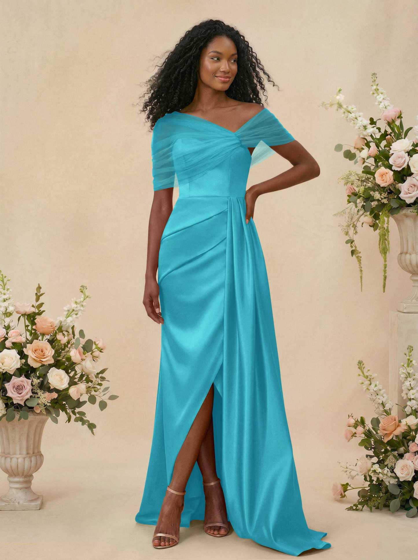 Trumpet/Mermaid Off-The-Shoulder Satin/Tulle Bridesmaid Dresses With Split Front, product image 38