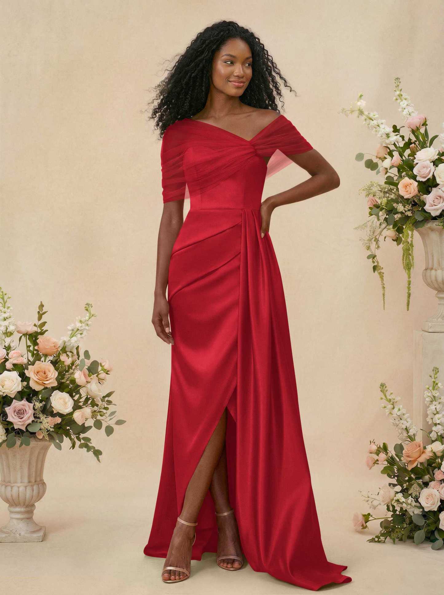 Trumpet/Mermaid Off-The-Shoulder Satin/Tulle Bridesmaid Dresses With Split Front, product image 70