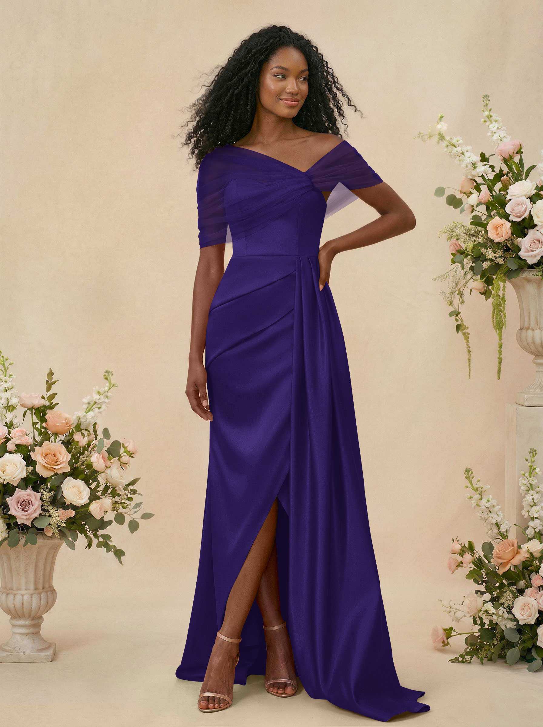 Trumpet/Mermaid Off-The-Shoulder Satin/Tulle Bridesmaid Dresses With Split Front, product image 150