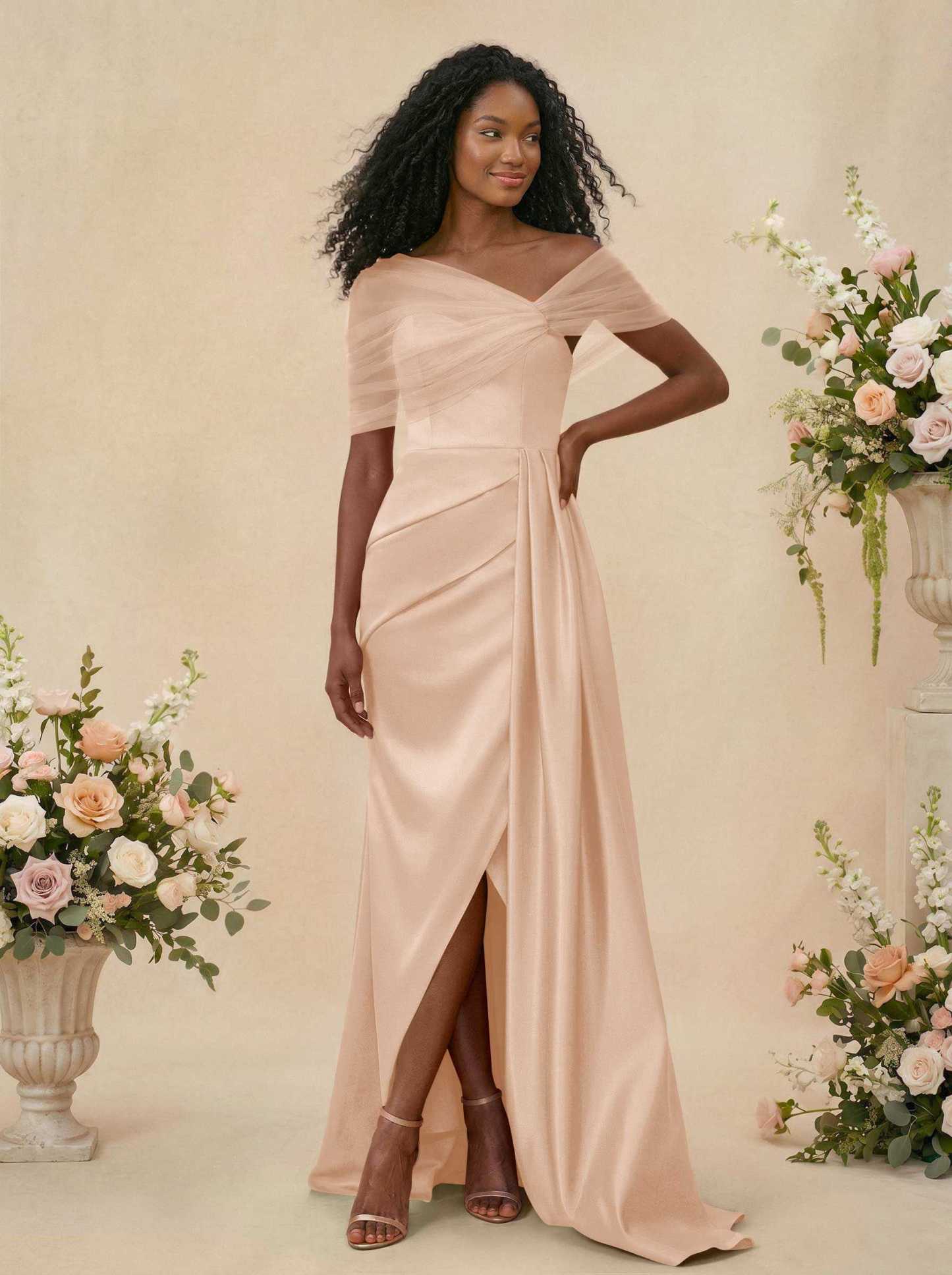Trumpet/Mermaid Off-The-Shoulder Satin/Tulle Bridesmaid Dresses With Split Front, product image 250
