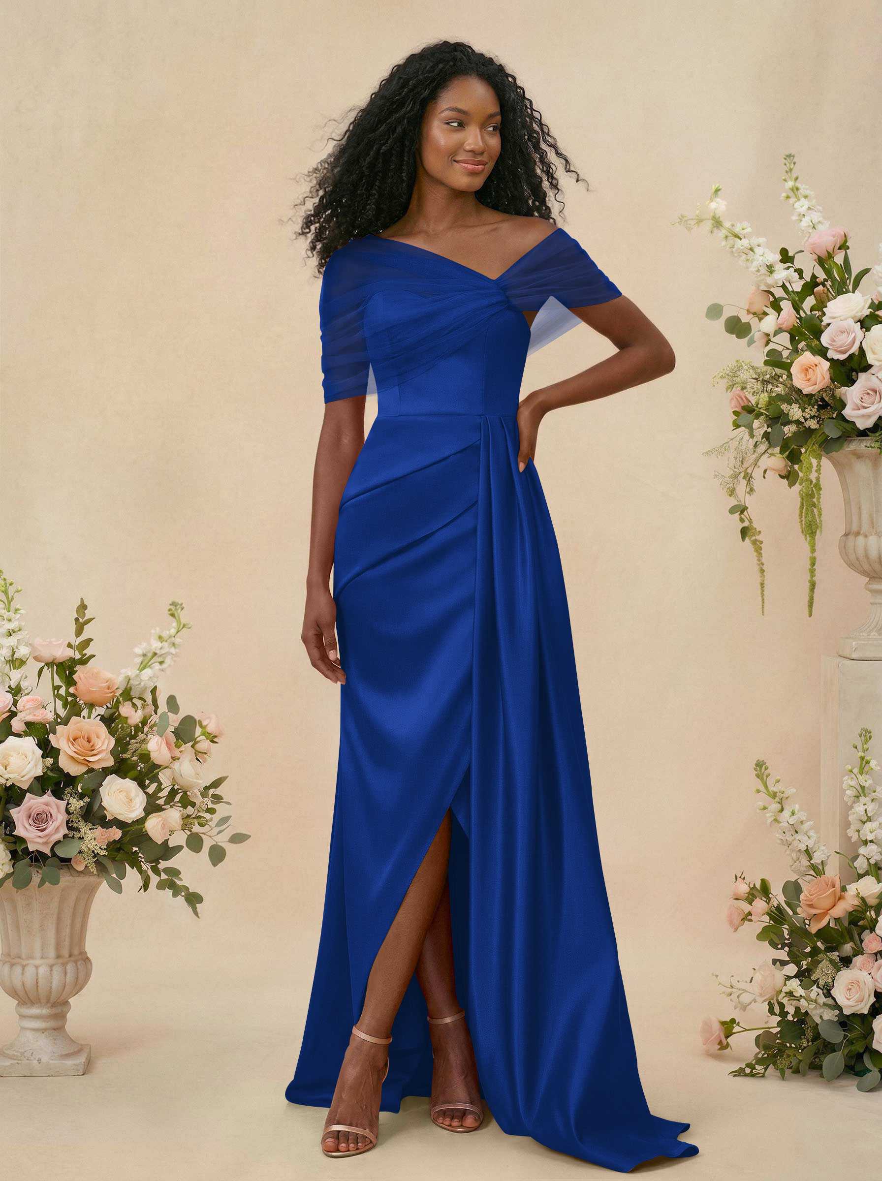 Trumpet/Mermaid Off-The-Shoulder Satin/Tulle Bridesmaid Dresses With Split Front, product image 30