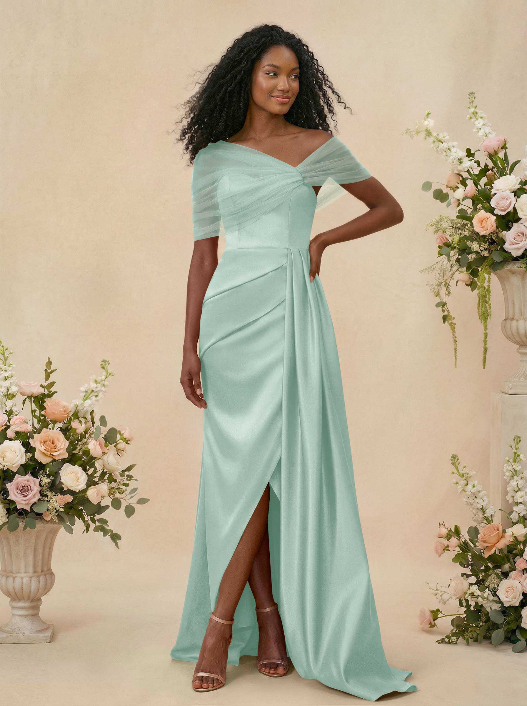 Trumpet/Mermaid Off-The-Shoulder Satin/Tulle Bridesmaid Dresses With Split Front, product image 174