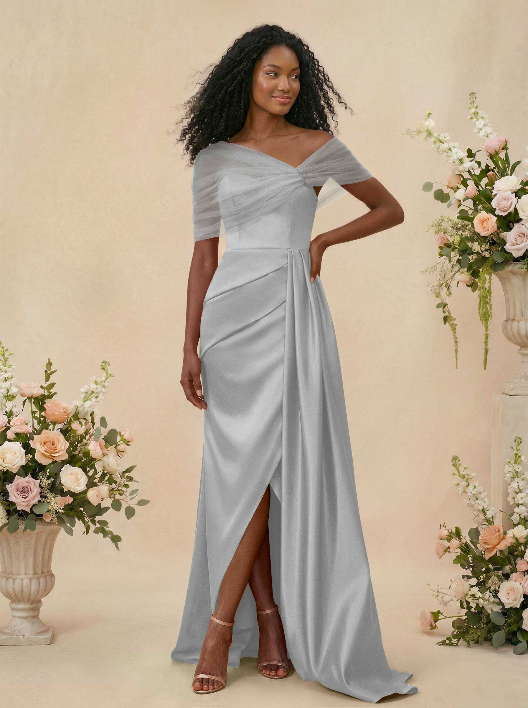 Trumpet/Mermaid Off-The-Shoulder Satin/Tulle Bridesmaid Dresses With Split Front, product image 218