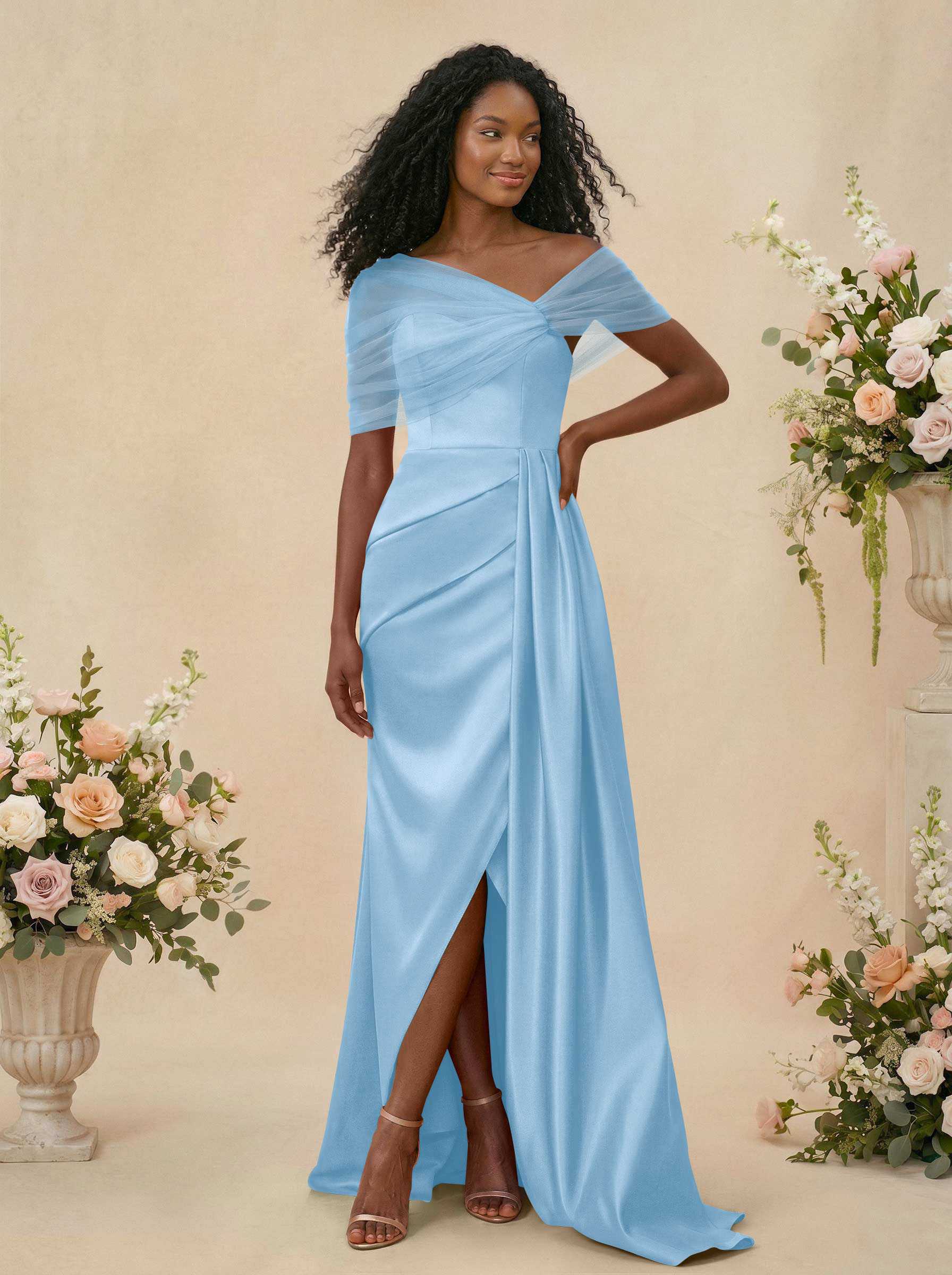 Trumpet/Mermaid Off-The-Shoulder Satin/Tulle Bridesmaid Dresses With Split Front, product image 46