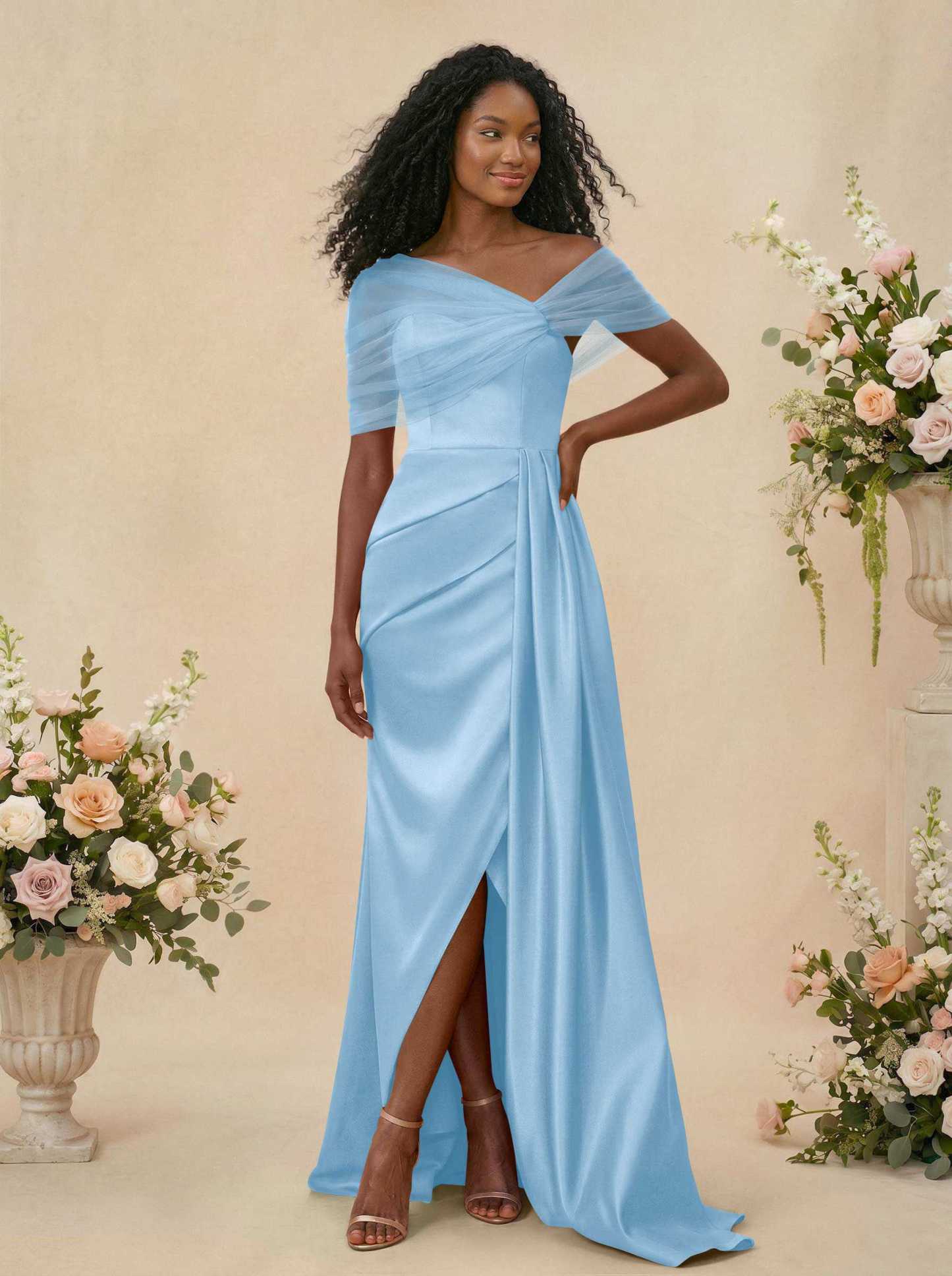 Trumpet/Mermaid Off-The-Shoulder Satin/Tulle Bridesmaid Dresses With Split Front, product image 46