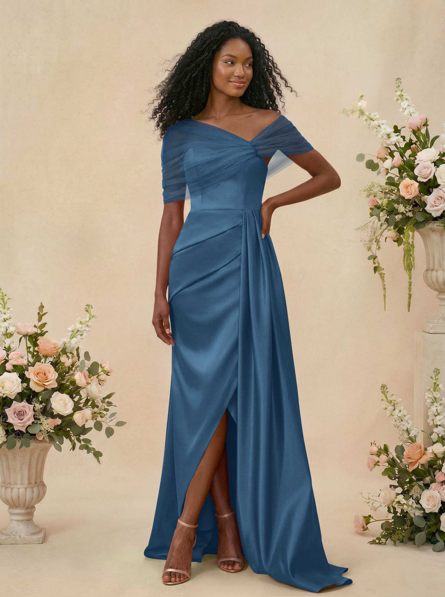 Trumpet/Mermaid Off-The-Shoulder Satin/Tulle Bridesmaid Dresses With Split Front, product image 18