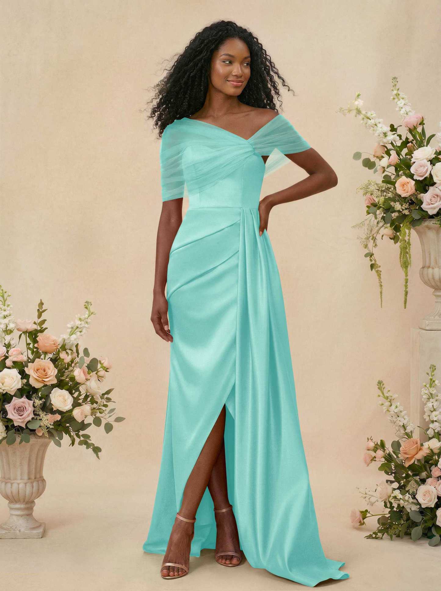 Trumpet/Mermaid Off-The-Shoulder Satin/Tulle Bridesmaid Dresses With Split Front, product image 182