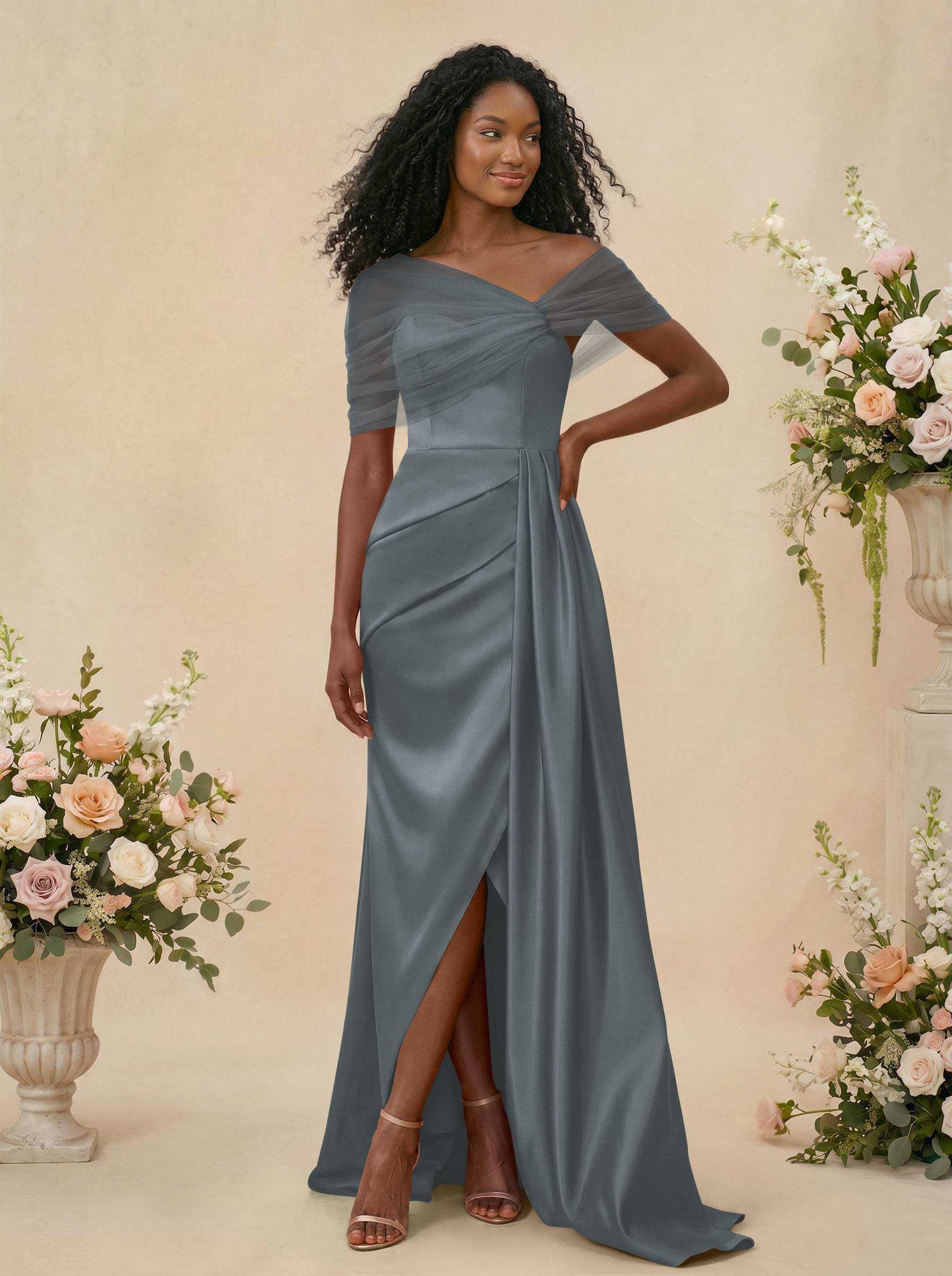 Trumpet/Mermaid Off-The-Shoulder Satin/Tulle Bridesmaid Dresses With Split Front, product image 222