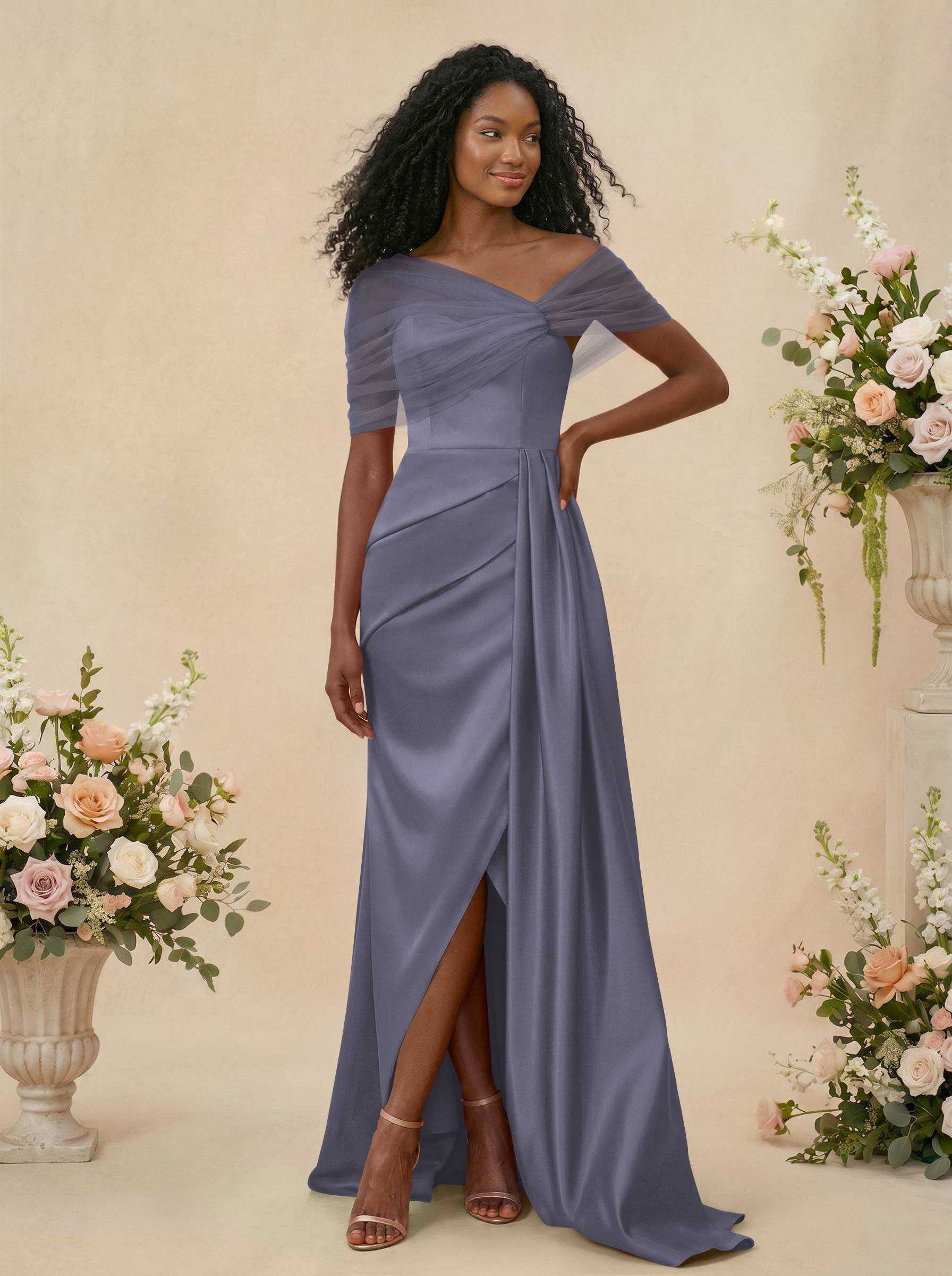 Trumpet/Mermaid Off-The-Shoulder Satin/Tulle Bridesmaid Dresses With Split Front, product image 22