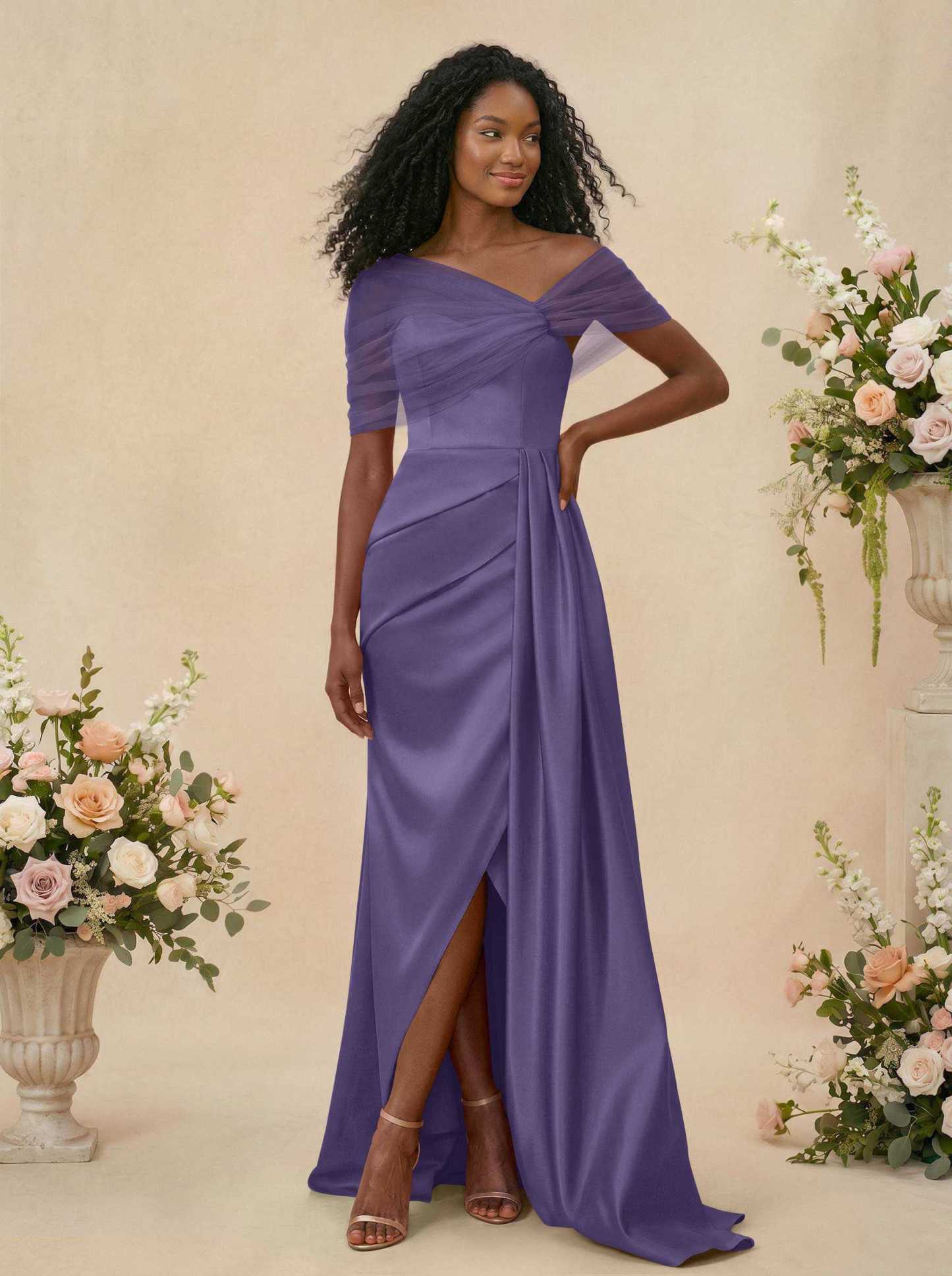 Trumpet/Mermaid Off-The-Shoulder Satin/Tulle Bridesmaid Dresses With Split Front, product image 134