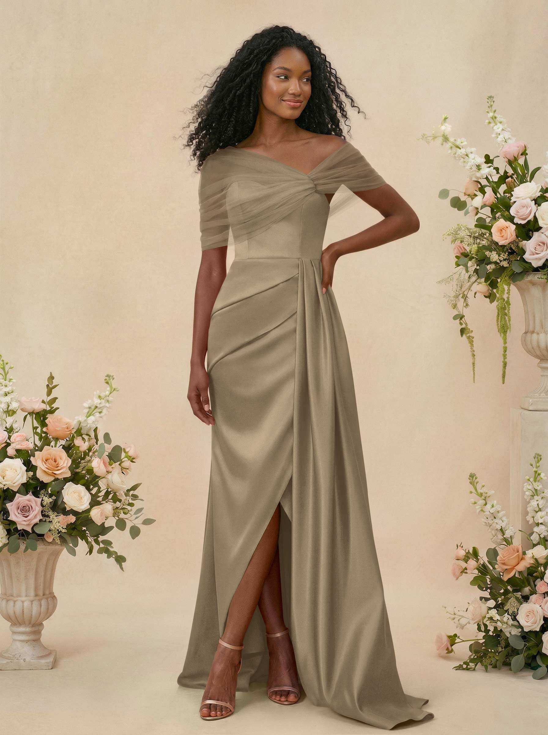 Trumpet/Mermaid Off-The-Shoulder Satin/Tulle Bridesmaid Dresses With Split Front, product image 190