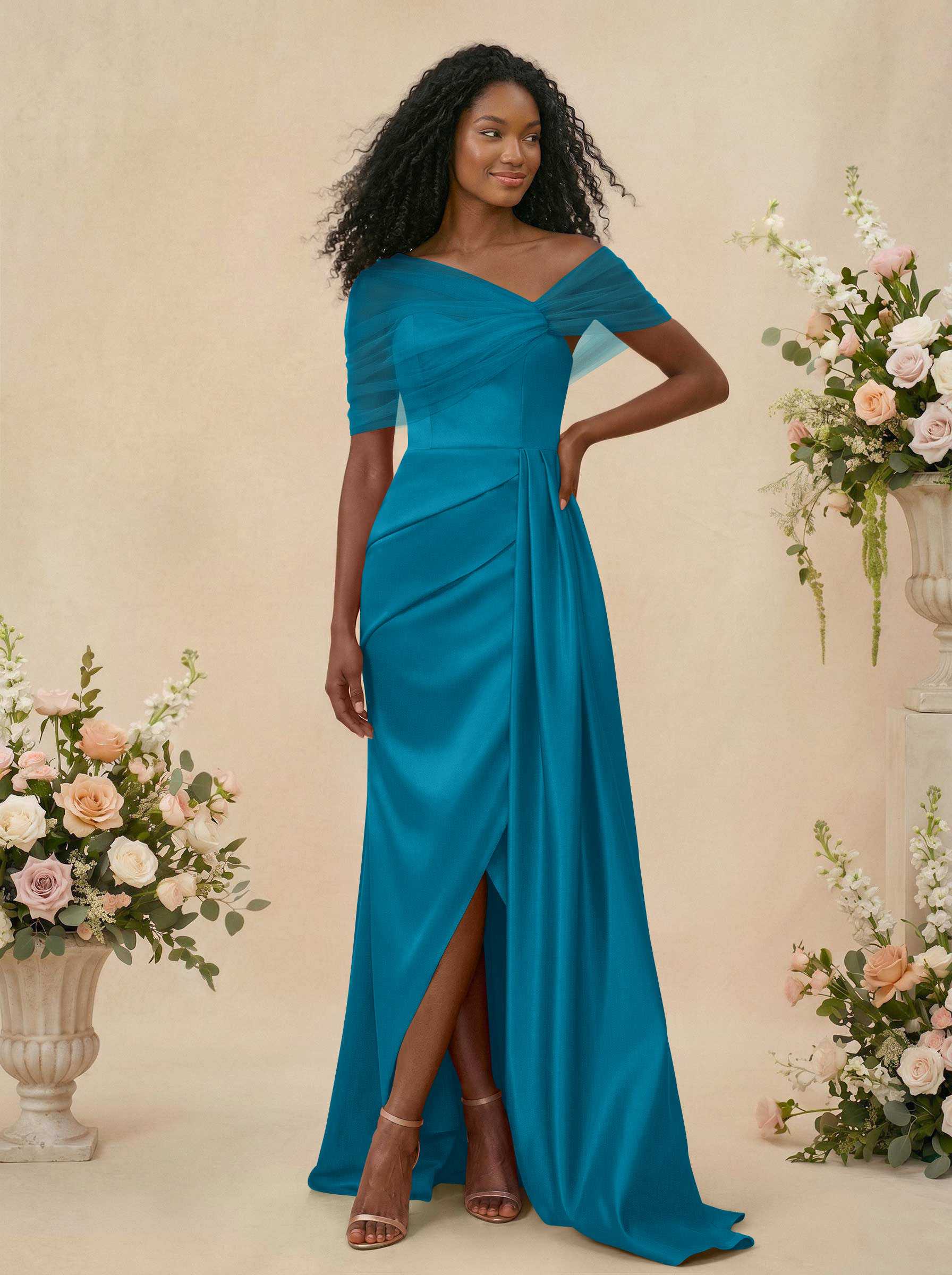Trumpet/Mermaid Off-The-Shoulder Satin/Tulle Bridesmaid Dresses With Split Front, product image 270