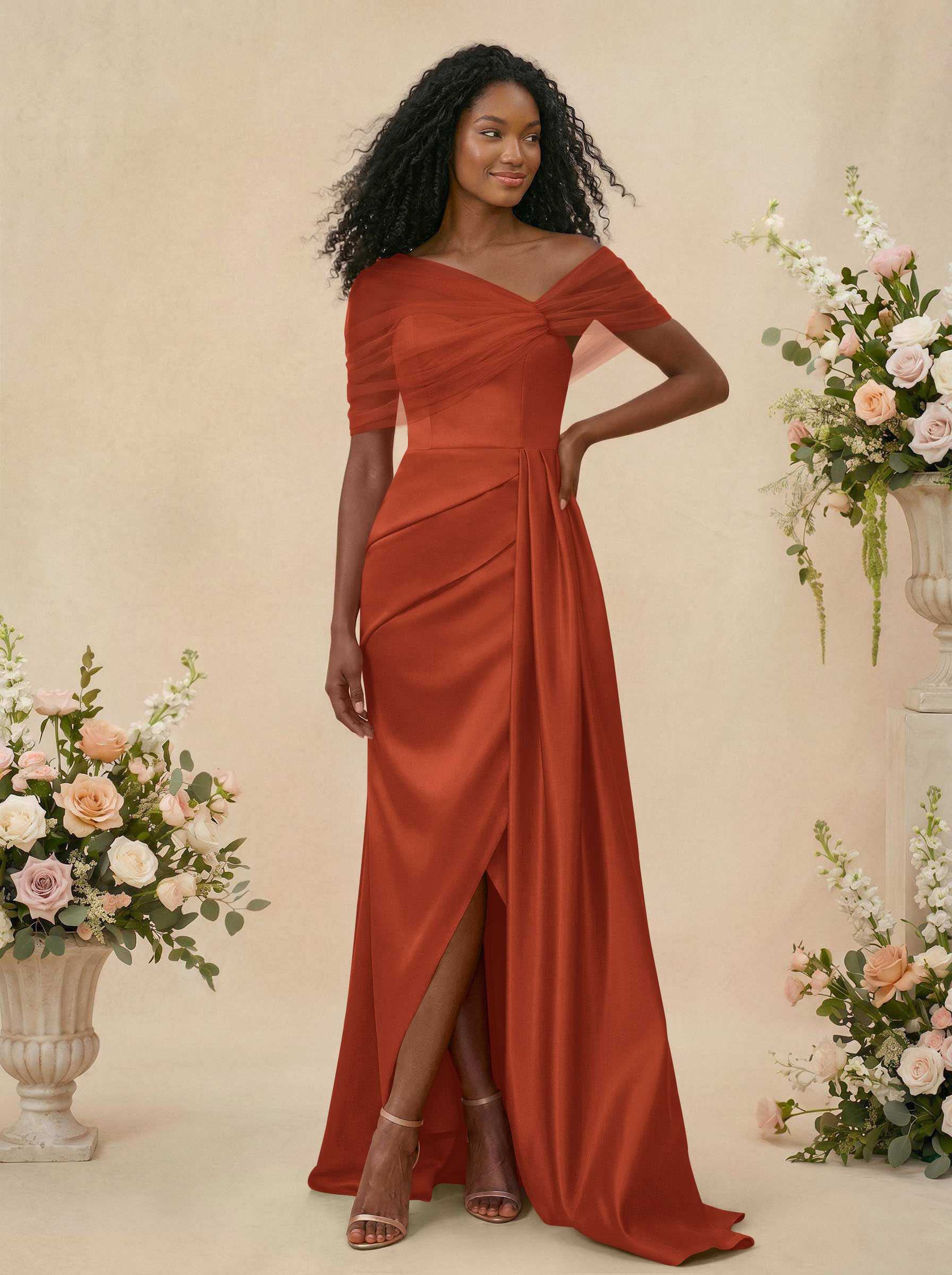 Trumpet/Mermaid Off-The-Shoulder Satin/Tulle Bridesmaid Dresses With Split Front, product image 266