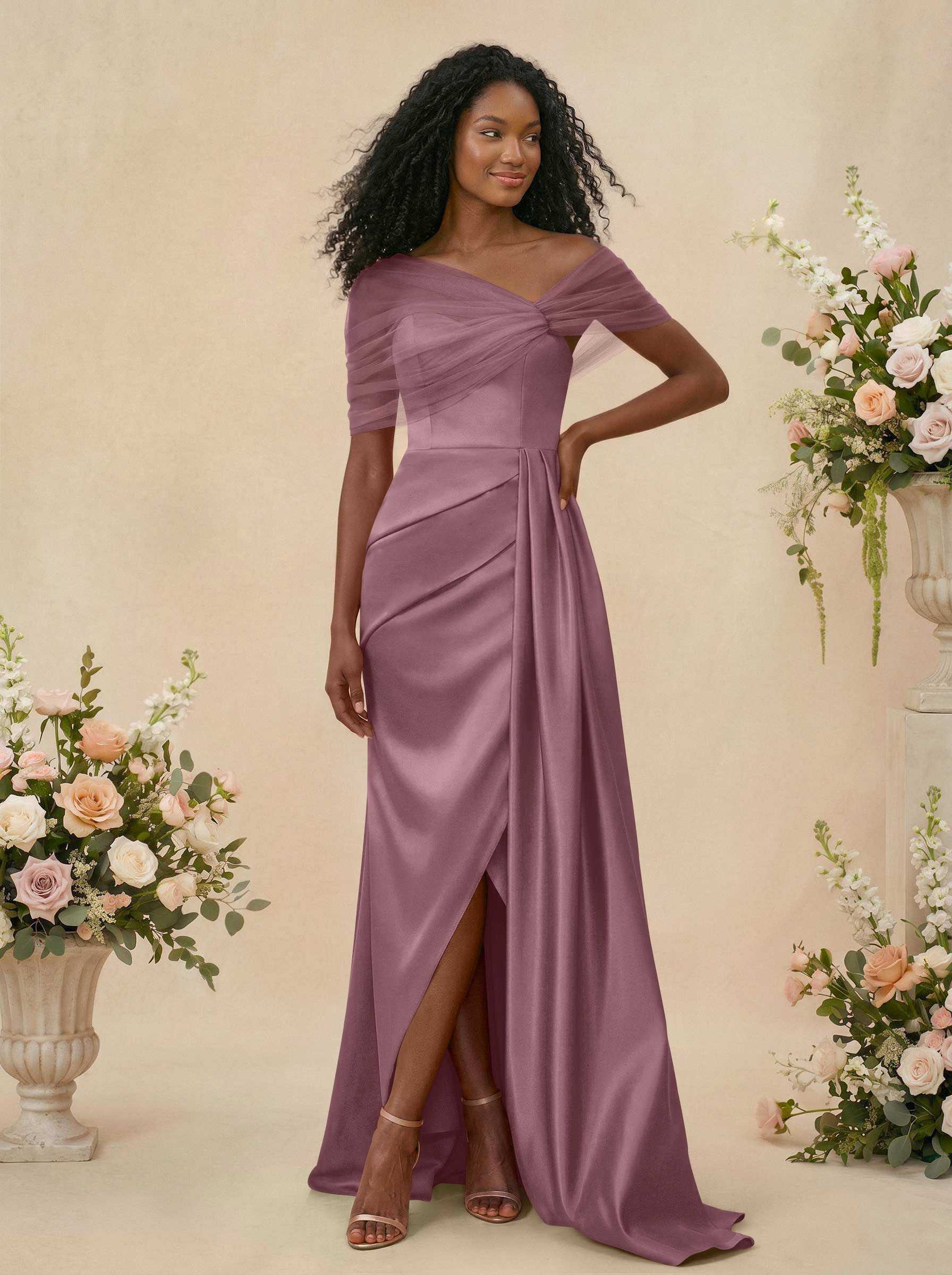 Trumpet/Mermaid Off-The-Shoulder Satin/Tulle Bridesmaid Dresses With Split Front, product image 118