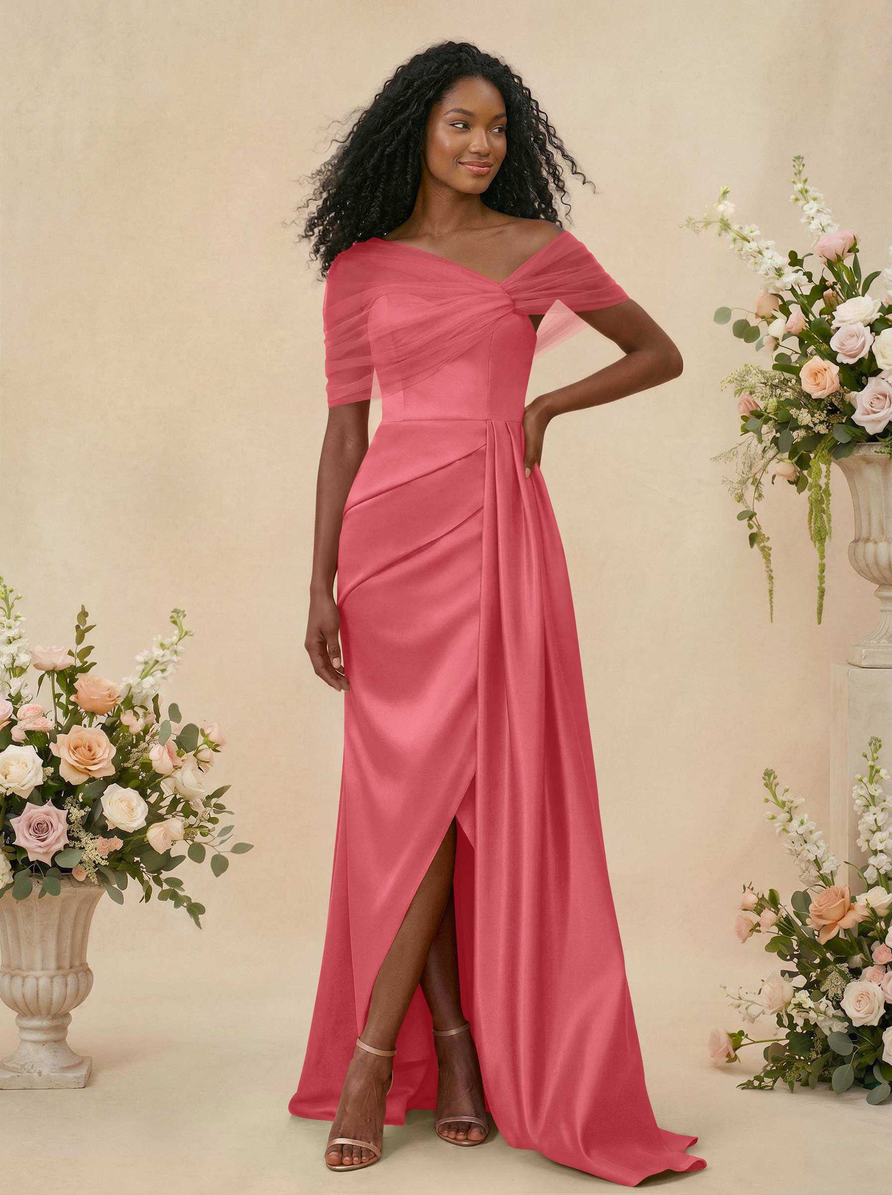 Trumpet/Mermaid Off-The-Shoulder Satin/Tulle Bridesmaid Dresses With Split Front, product image 78