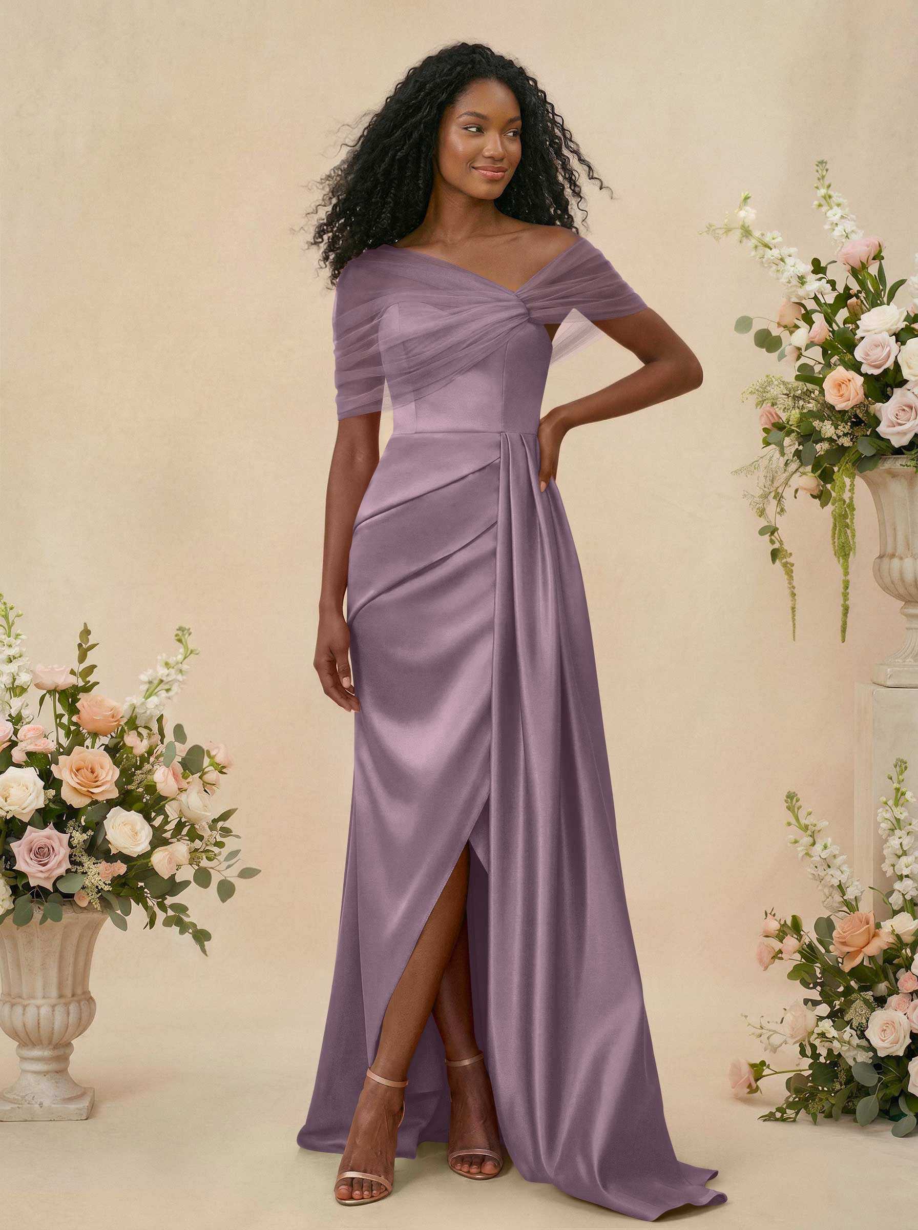 Trumpet/Mermaid Off-The-Shoulder Satin/Tulle Bridesmaid Dresses With Split Front, product image 114