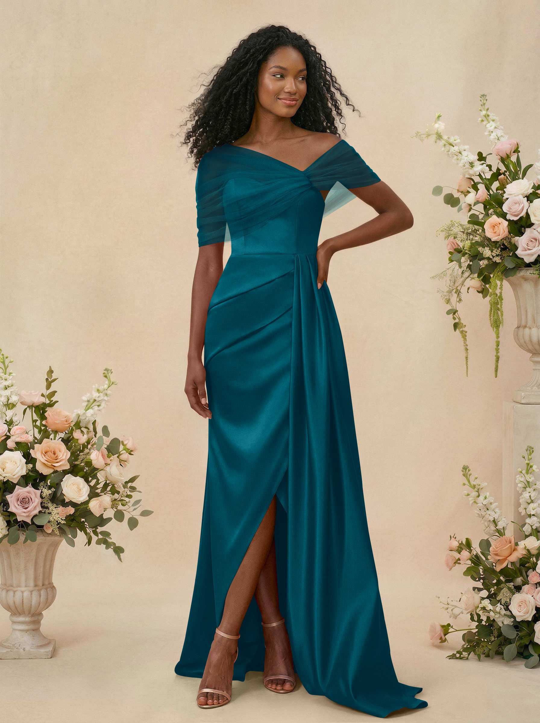 Trumpet/Mermaid Off-The-Shoulder Satin/Tulle Bridesmaid Dresses With Split Front, product image 26