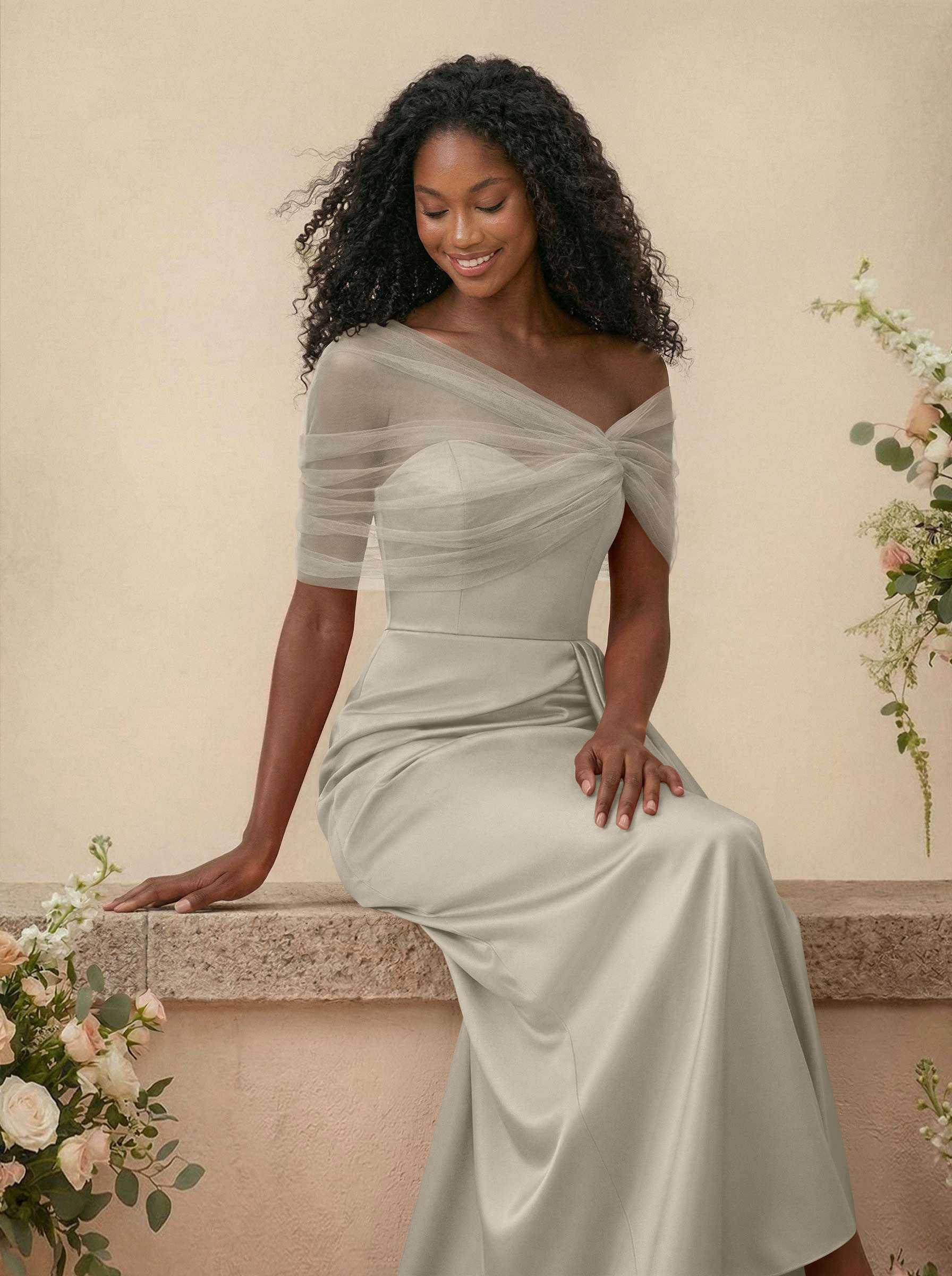 Trumpet/Mermaid Off-The-Shoulder Satin/Tulle Bridesmaid Dresses With Split Front, product image 244