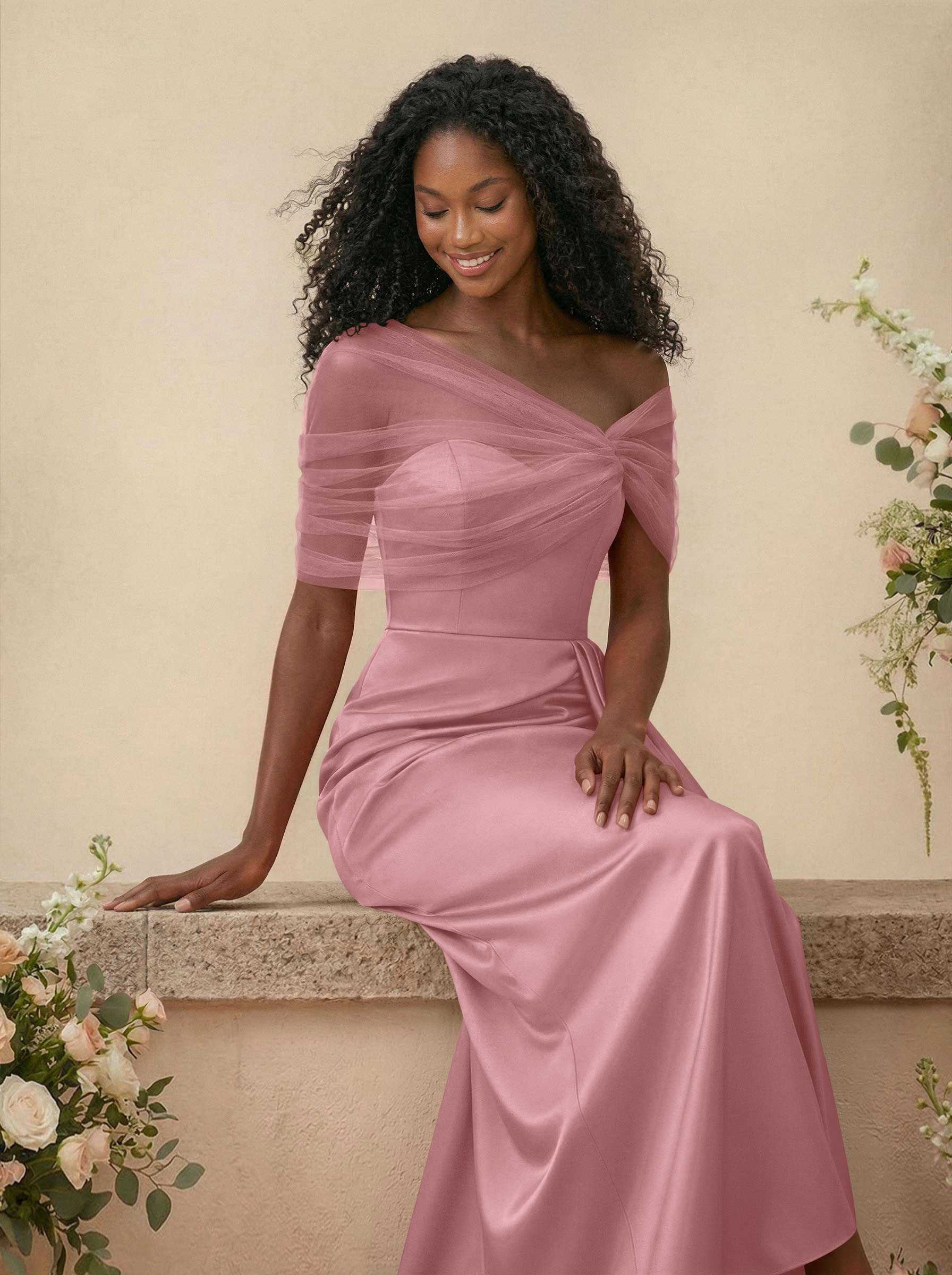 Trumpet/Mermaid Off-The-Shoulder Satin/Tulle Bridesmaid Dresses With Split Front, product image 92