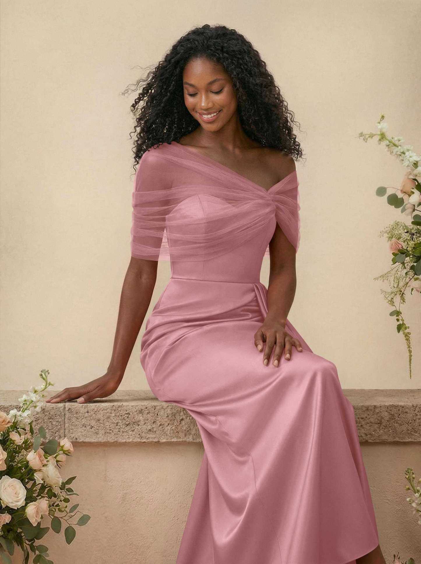 Trumpet/Mermaid Off-The-Shoulder Satin/Tulle Bridesmaid Dresses With Split Front, product image 92