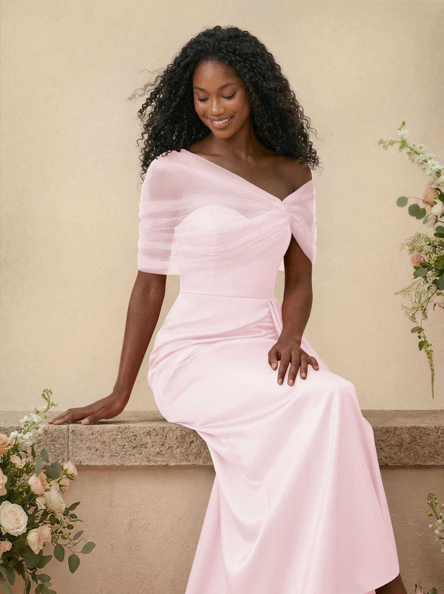 Trumpet/Mermaid Off-The-Shoulder Satin/Tulle Bridesmaid Dresses With Split Front, product image 104