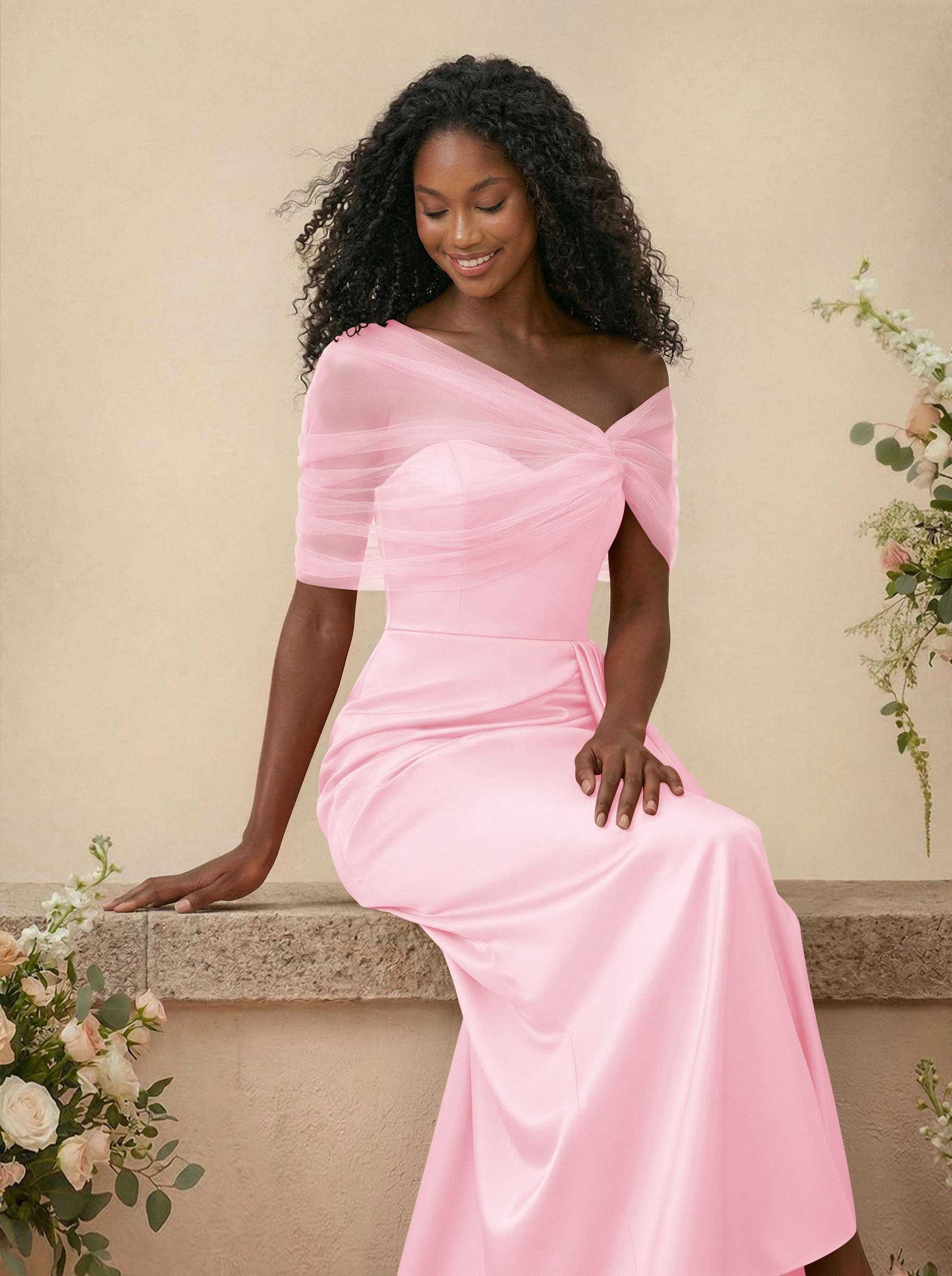 Trumpet/Mermaid Off-The-Shoulder Satin/Tulle Bridesmaid Dresses With Split Front, product image 108