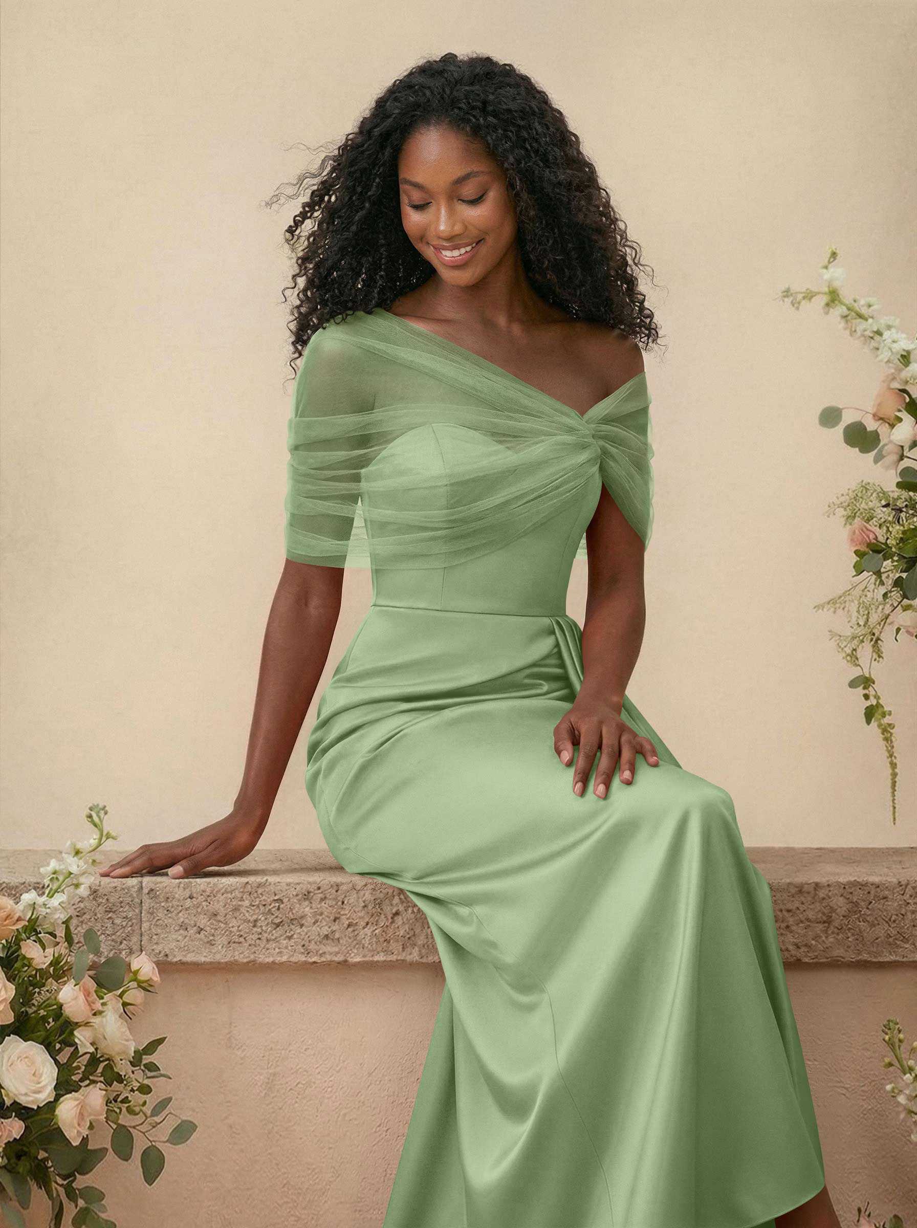 Trumpet/Mermaid Off-The-Shoulder Satin/Tulle Bridesmaid Dresses With Split Front, product image 172