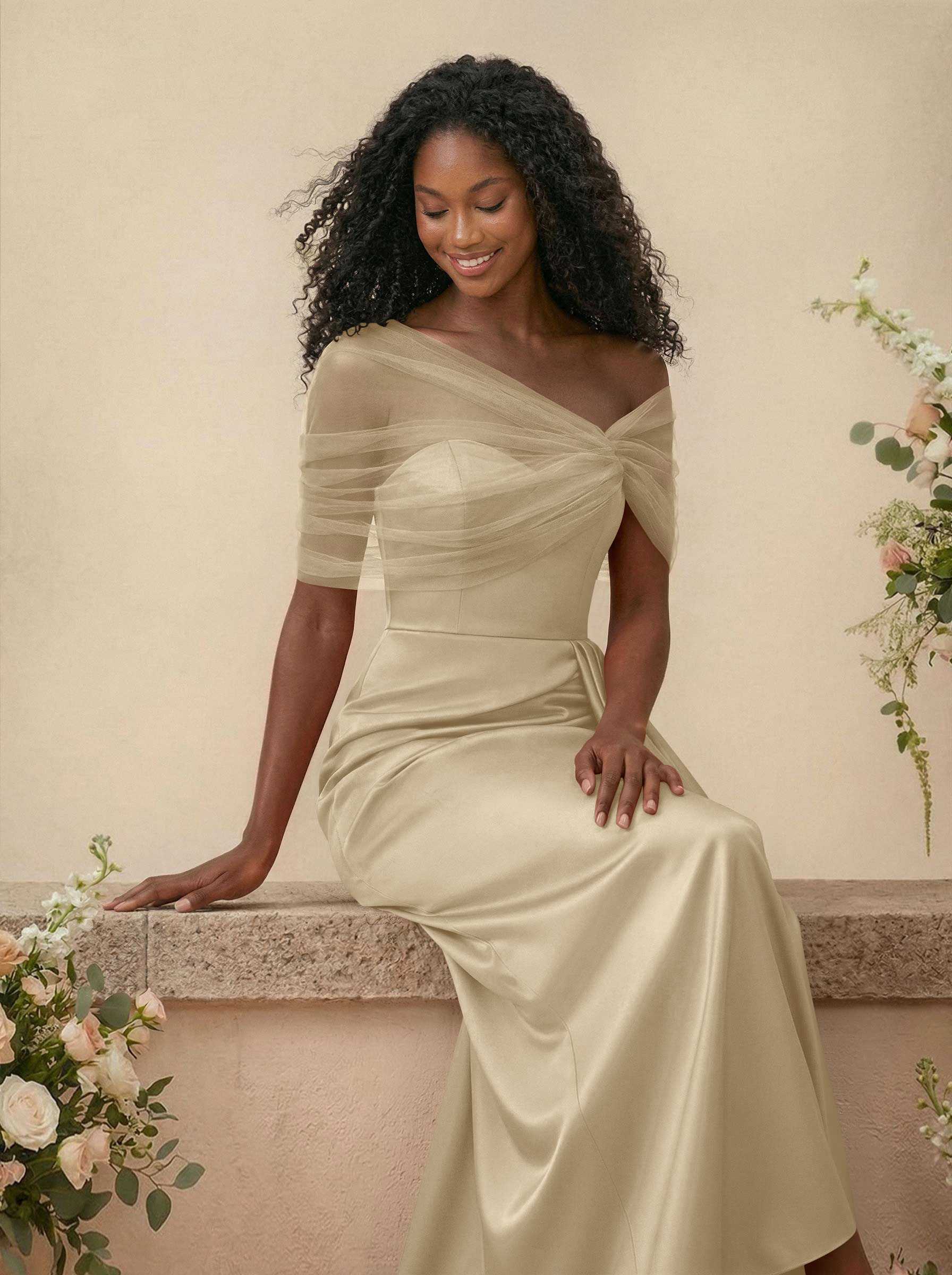 Trumpet/Mermaid Off-The-Shoulder Satin/Tulle Bridesmaid Dresses With Split Front, product image 188