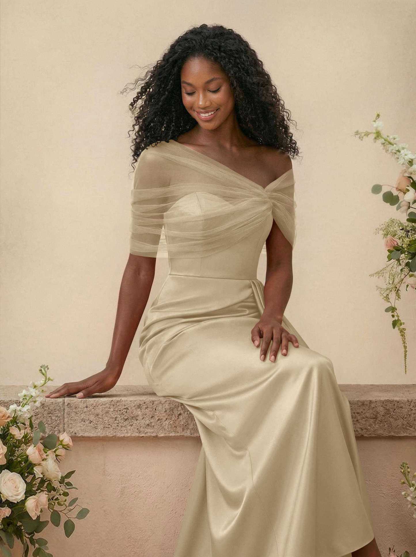 Trumpet/Mermaid Off-The-Shoulder Satin/Tulle Bridesmaid Dresses With Split Front, product image 188