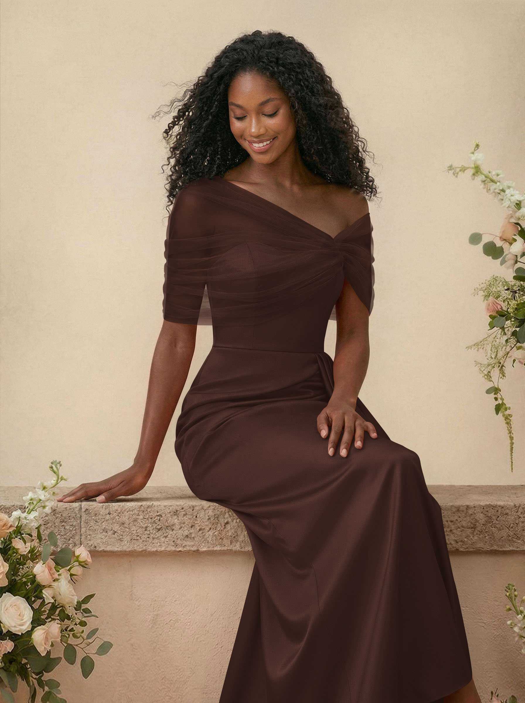 Trumpet/Mermaid Off-The-Shoulder Satin/Tulle Bridesmaid Dresses With Split Front, product image 208