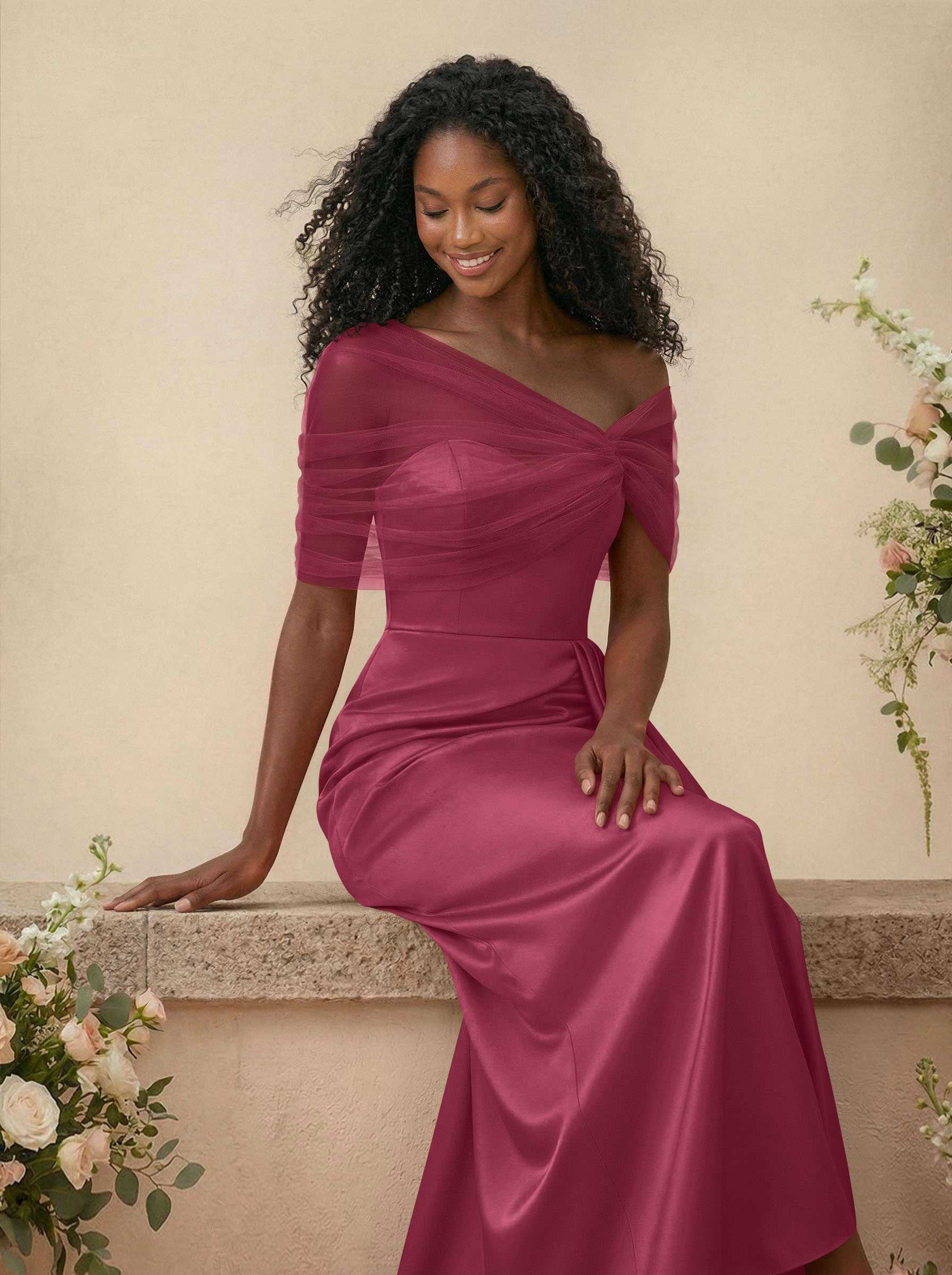 Trumpet/Mermaid Off-The-Shoulder Satin/Tulle Bridesmaid Dresses With Split Front, product image 64