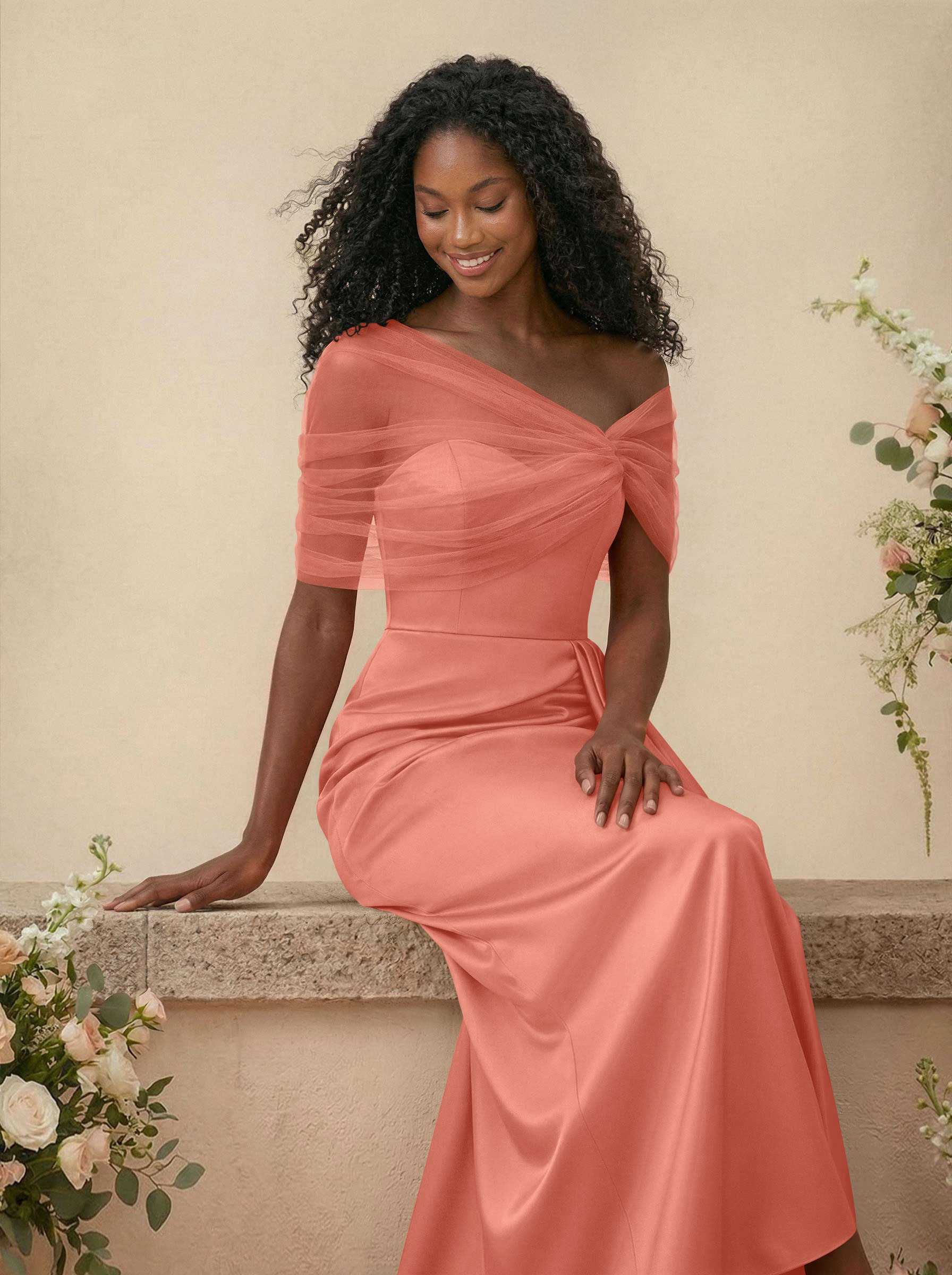 Trumpet/Mermaid Off-The-Shoulder Satin/Tulle Bridesmaid Dresses With Split Front, product image 100